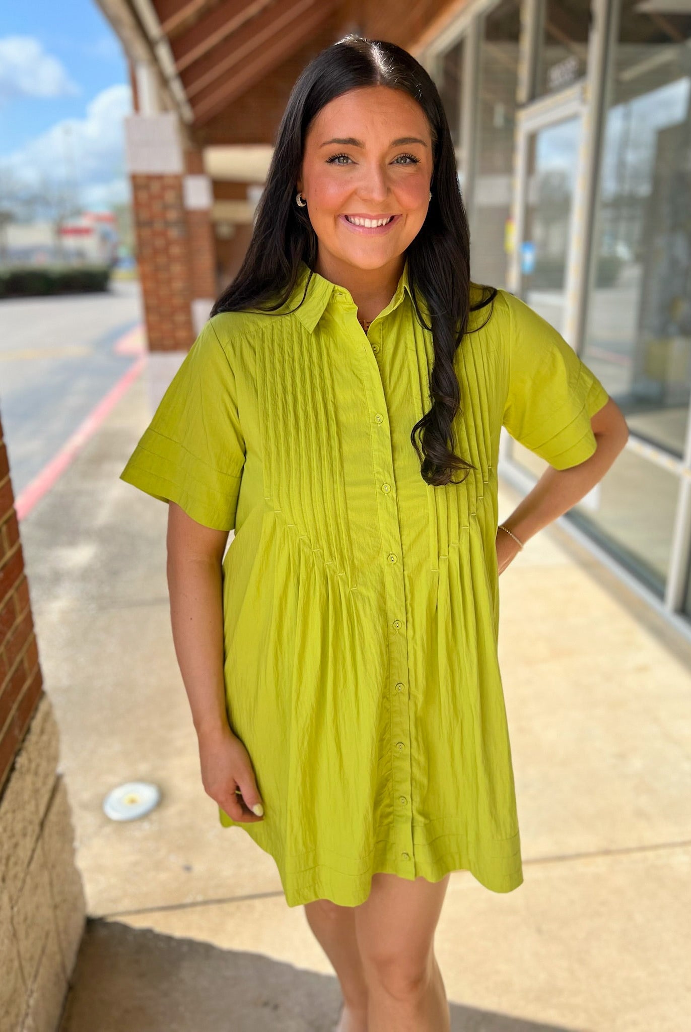 Chartreuse Green Short Sleeve Shirt Dress with Pockets - A'Bekah's Boutique