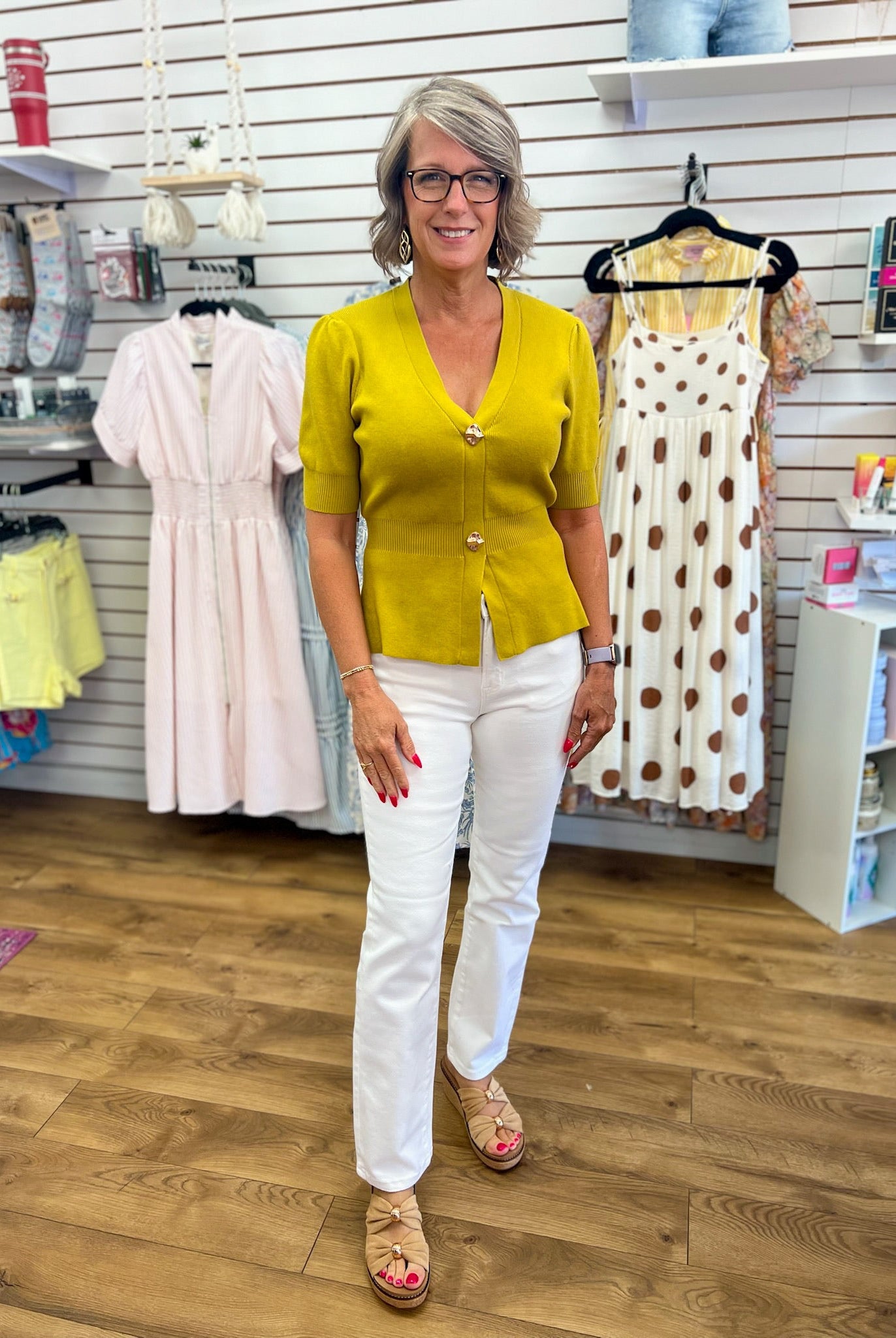 Chartreuse Ribbed Short Sleeve Cardigan with Gold Buttons - A'Bekah's Boutique