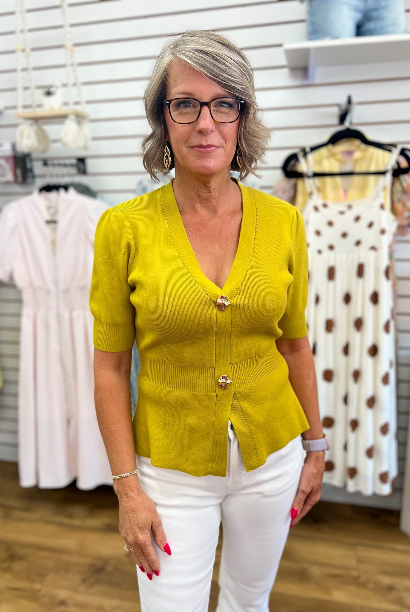 Chartreuse Ribbed Short Sleeve Cardigan with Gold Buttons - A'Bekah's Boutique