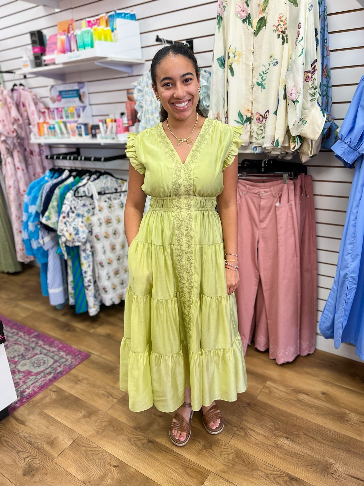 Chartreuse Tiered Midi Dress with Embroidery - A'Bekah's Boutique