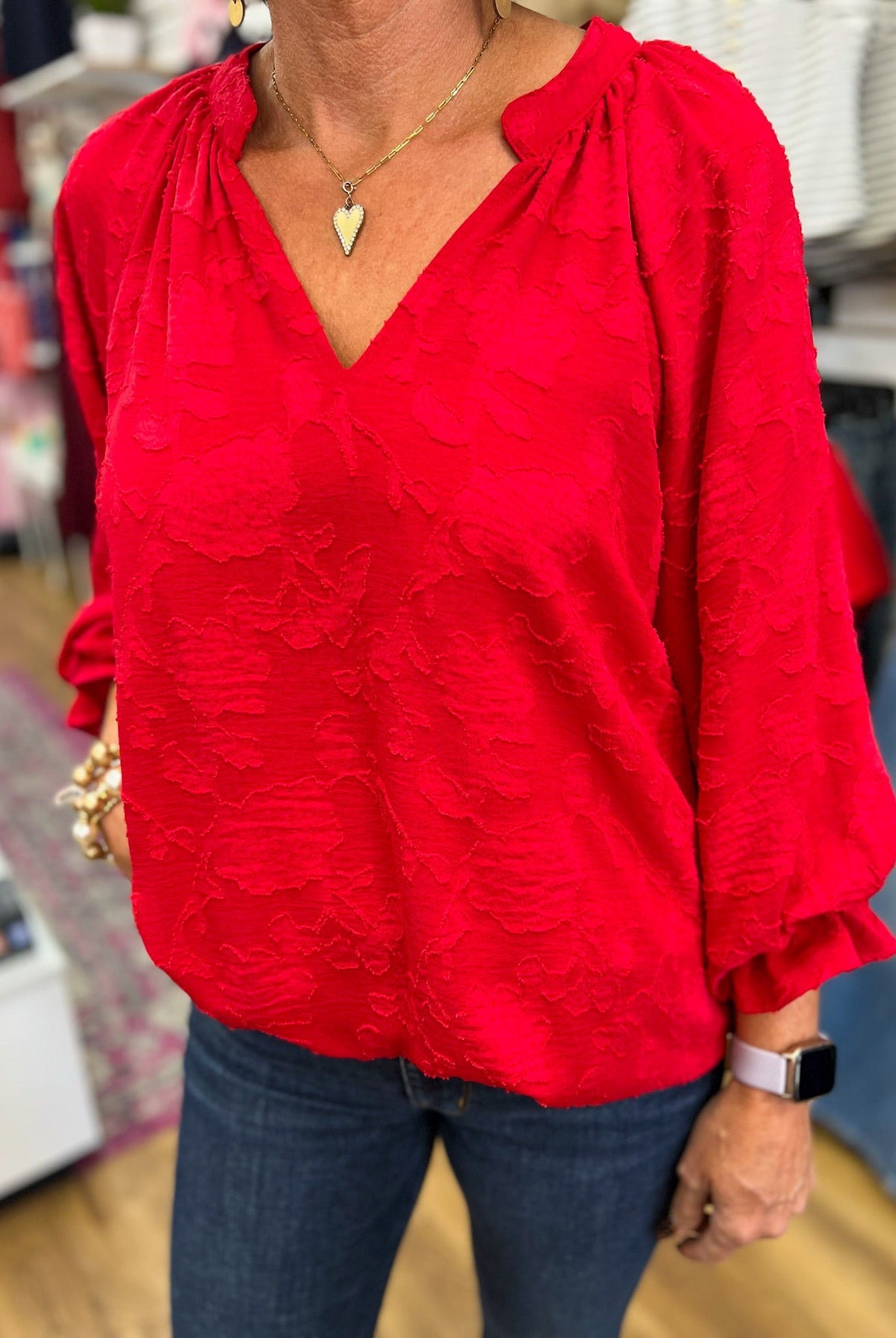 Cherry Red Jacquard Top with 3/4 Balloon Sleeves - A'Bekah's Boutique