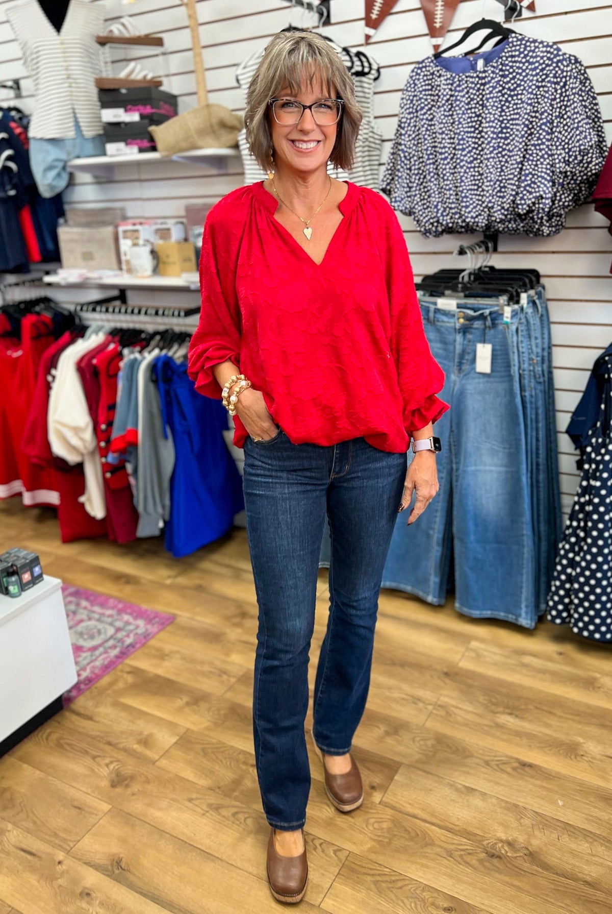 Cherry Red Jacquard Top with 3/4 Balloon Sleeves - A'Bekah's Boutique