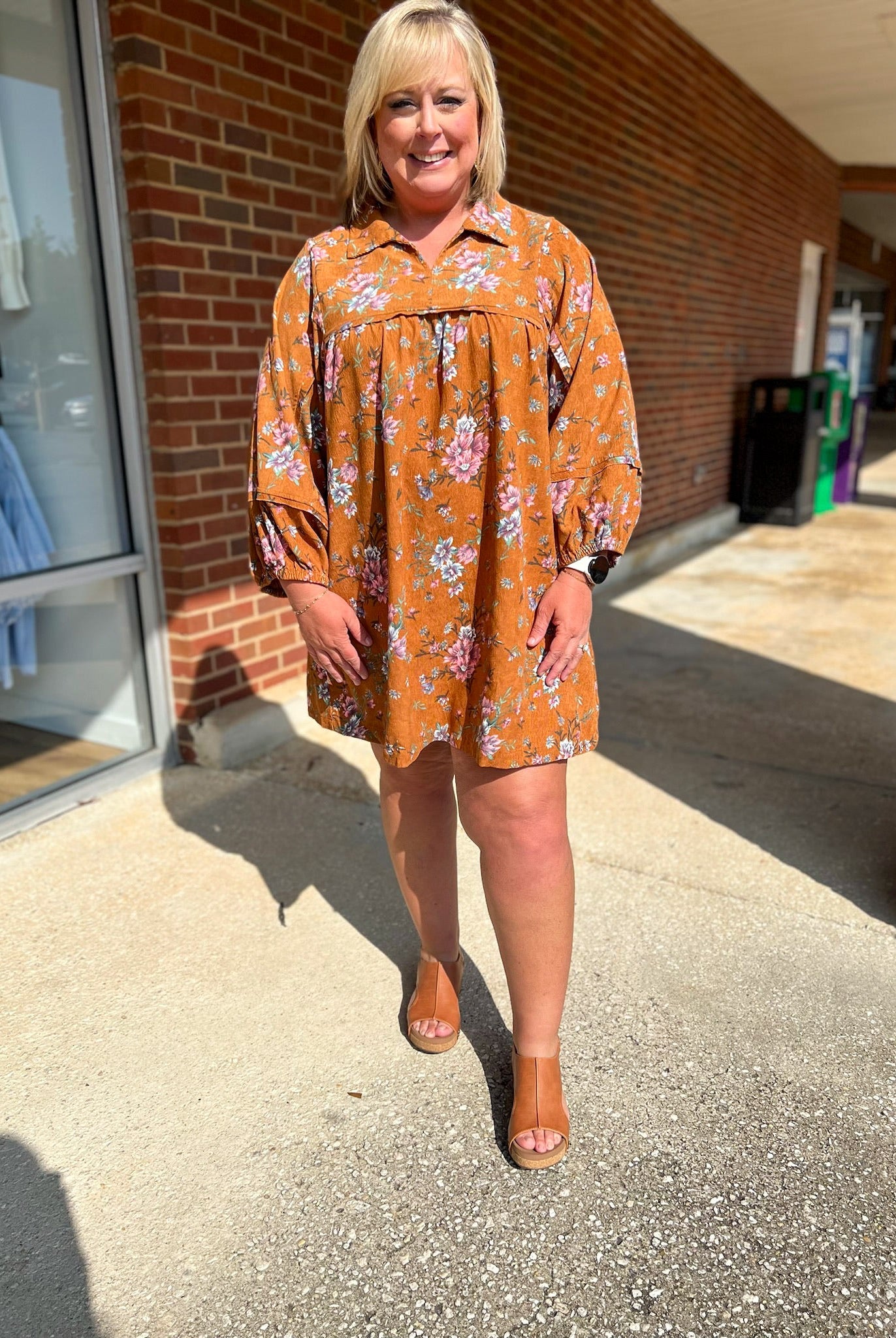 Chilly Mornings Camel Floral Corduroy Dress with Frayed Edge Details - A'Bekah's Boutique