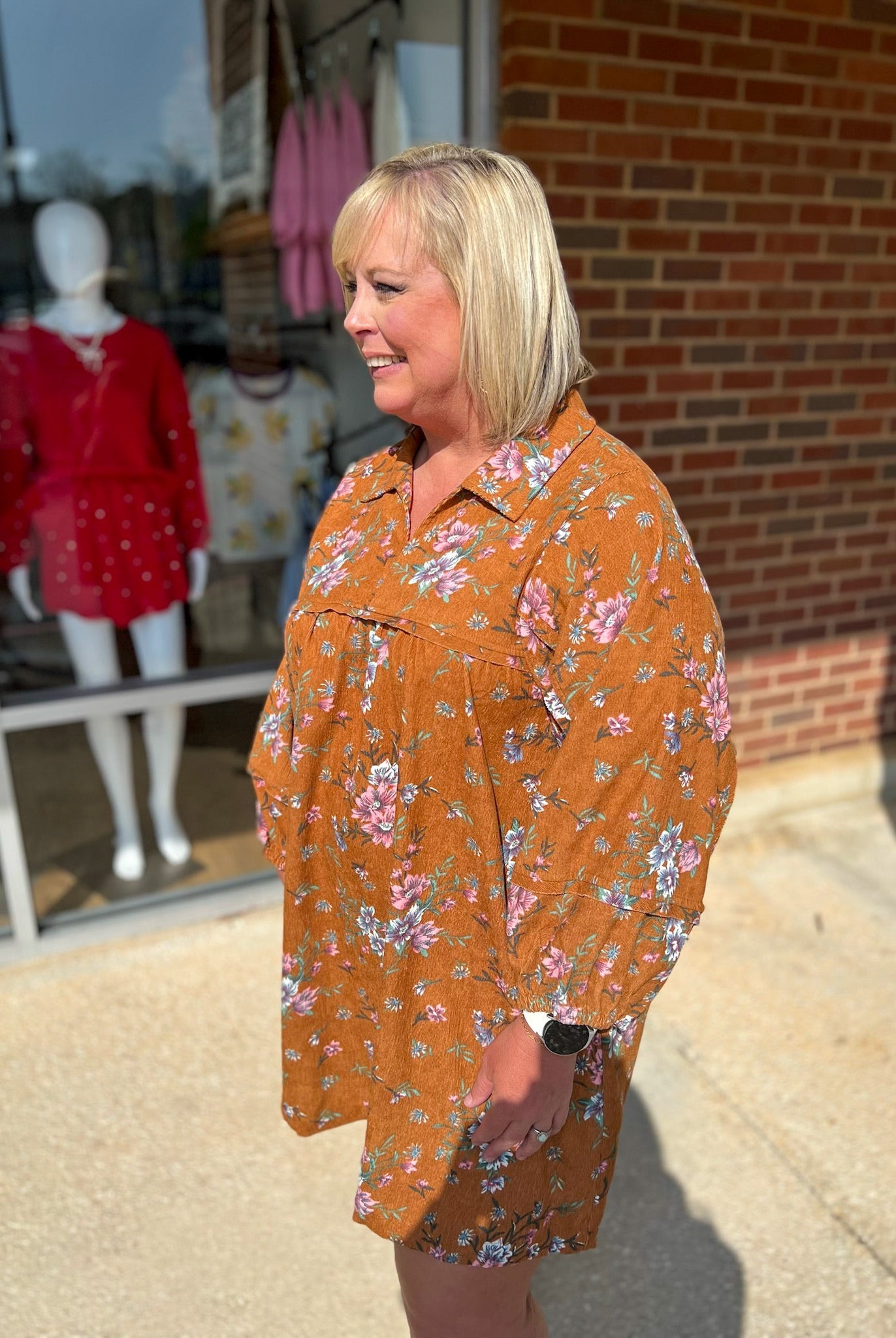 Chilly Mornings Camel Floral Corduroy Dress with Frayed Edge Details - A'Bekah's Boutique