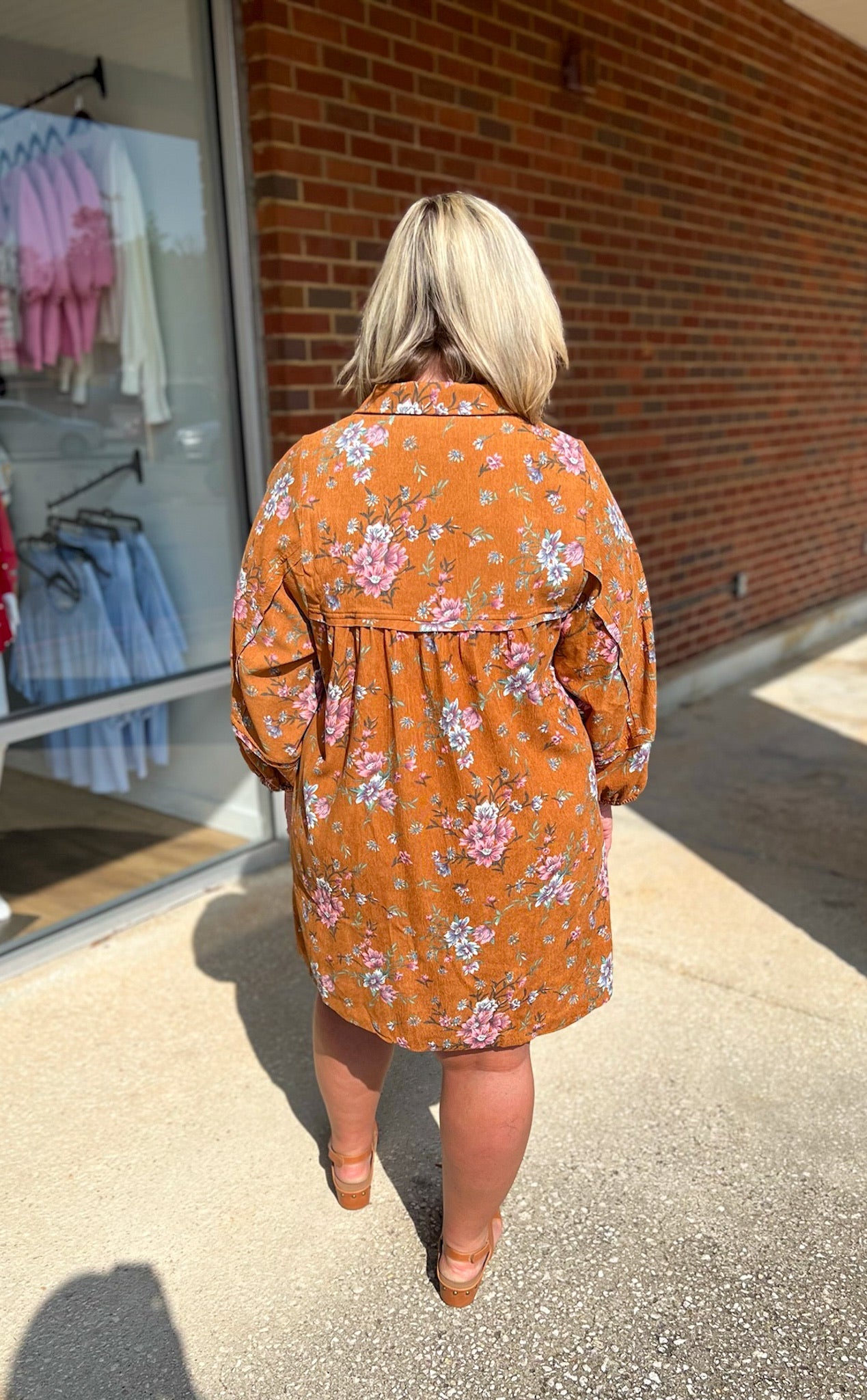 Chilly Mornings Camel Floral Corduroy Dress with Frayed Edge Details - A'Bekah's Boutique