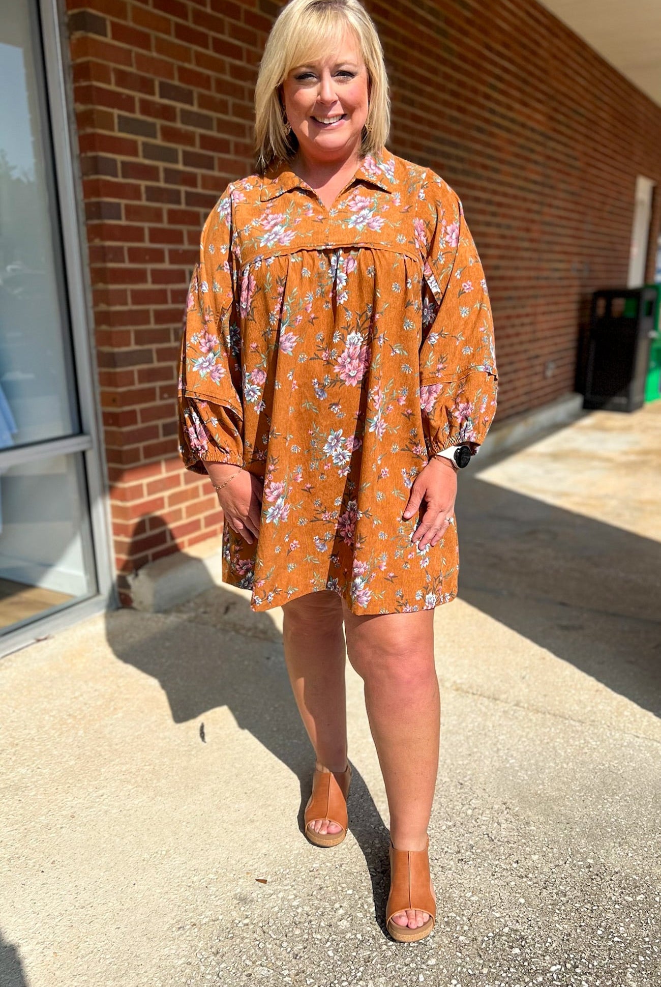 Chilly Mornings Camel Floral Corduroy Dress with Frayed Edge Details - A'Bekah's Boutique