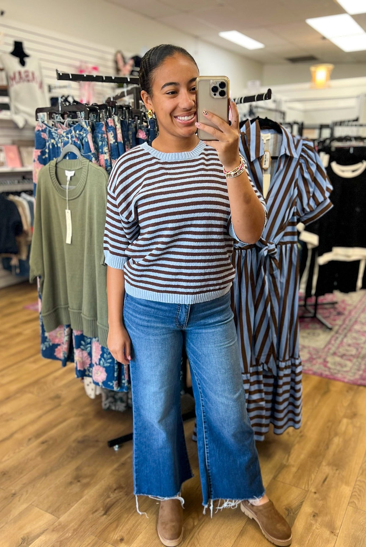 Chocolate Brown and Blue Striped Sweater with Back Buttons - A'Bekah's Boutique