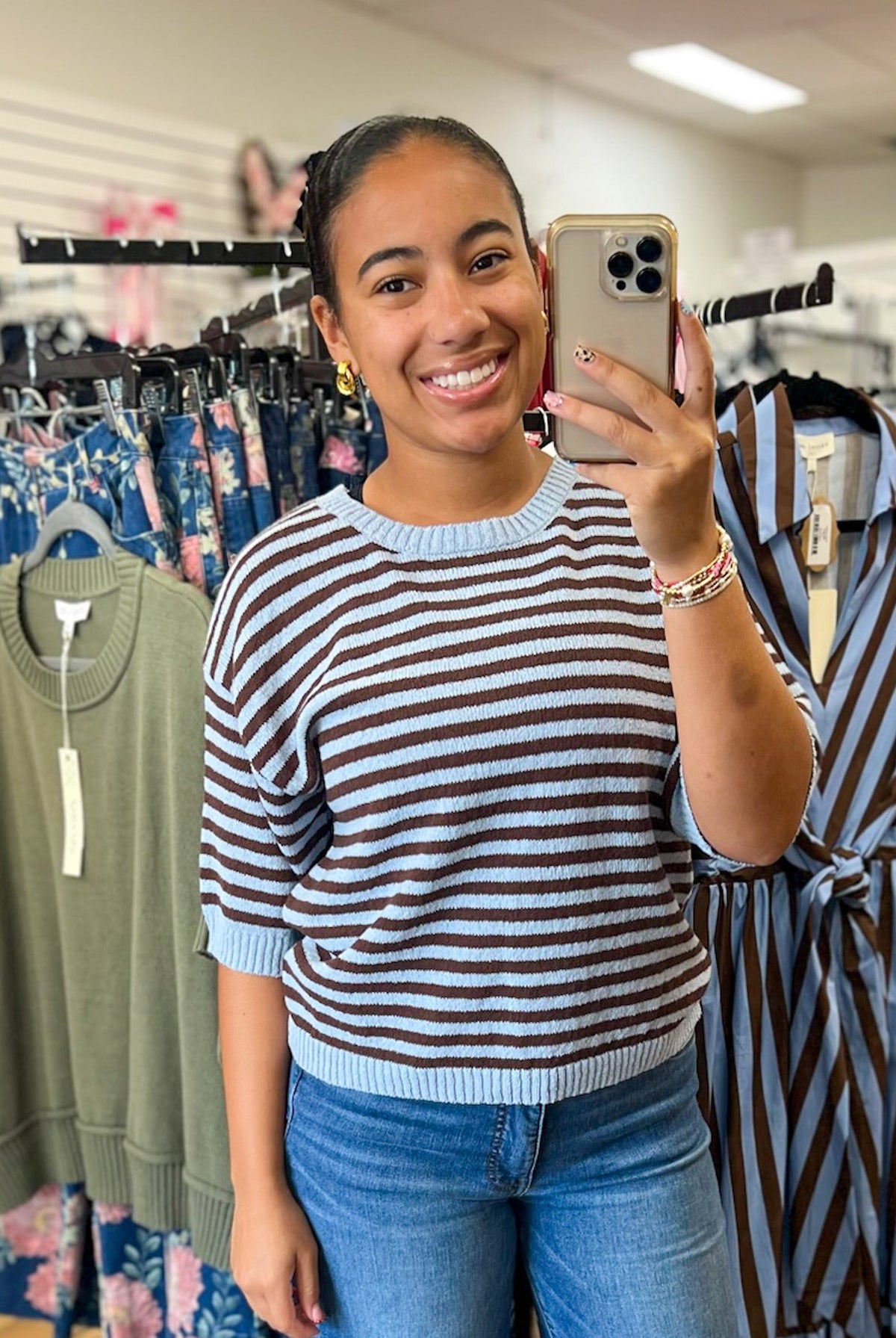 Chocolate Brown and Blue Striped Sweater with Back Buttons - A'Bekah's Boutique