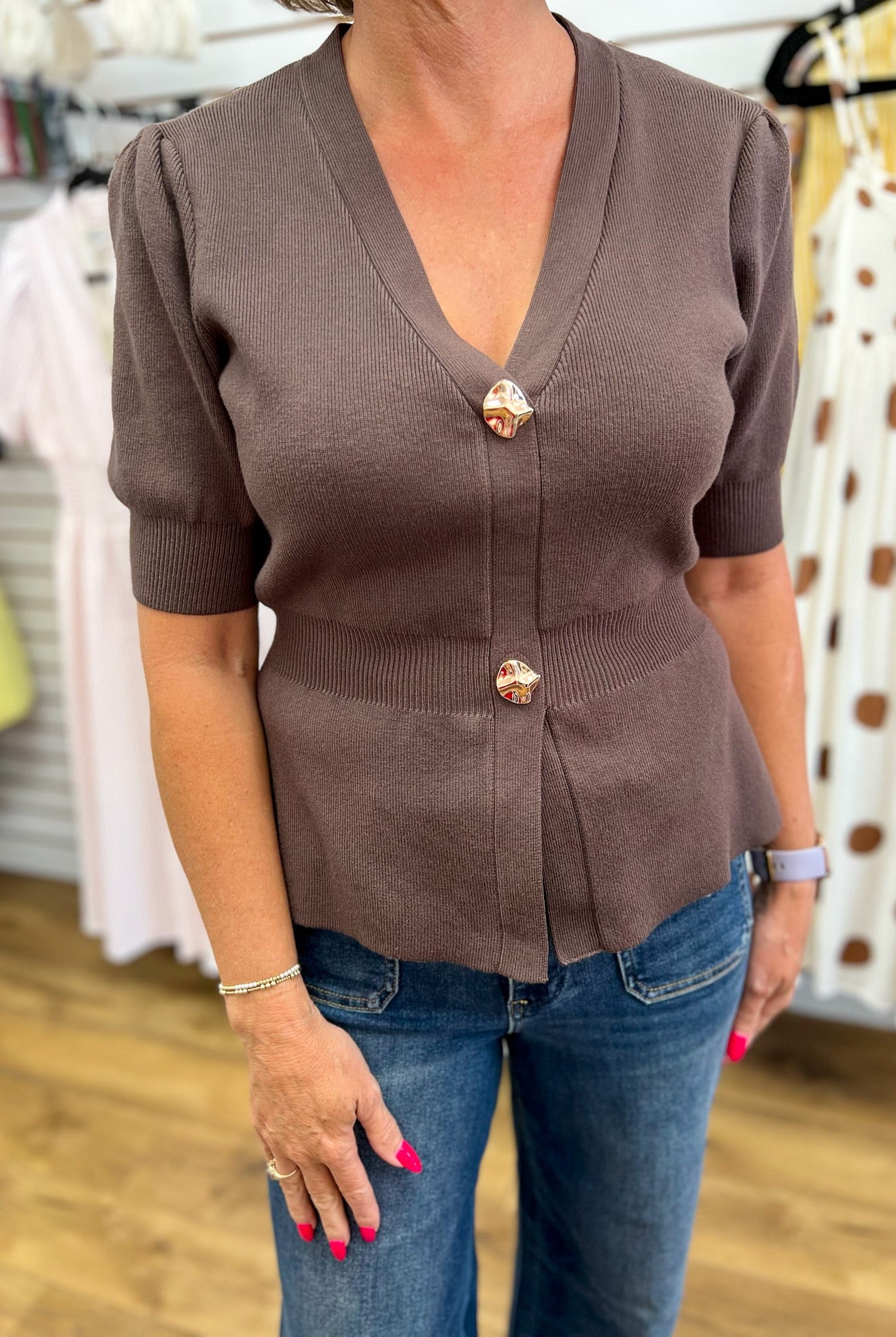 Chocolate Brown Ribbed Short Sleeve Cardigan with Gold Buttons - A'Bekah's Boutique