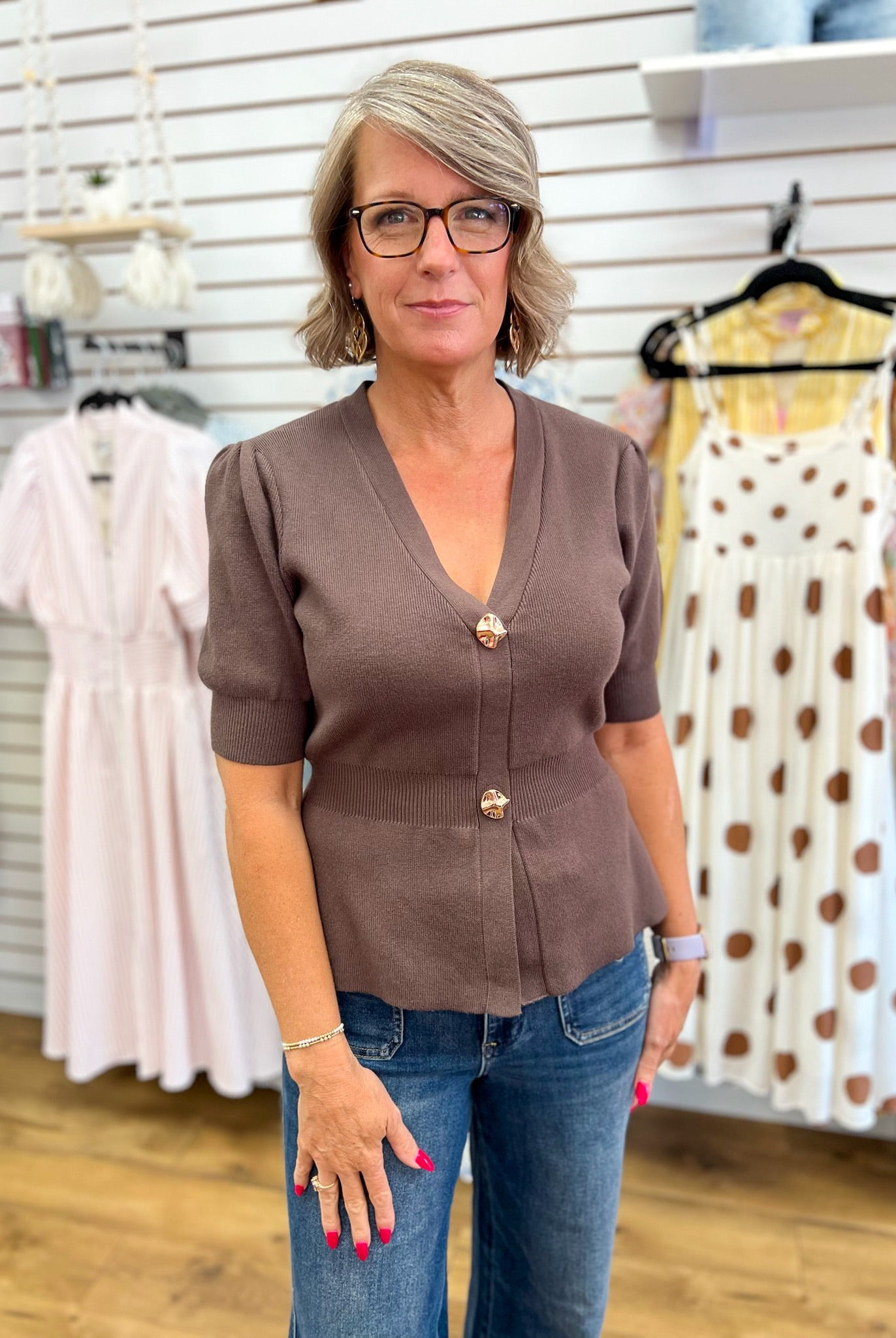 Chocolate Brown Ribbed Short Sleeve Cardigan with Gold Buttons - A'Bekah's Boutique