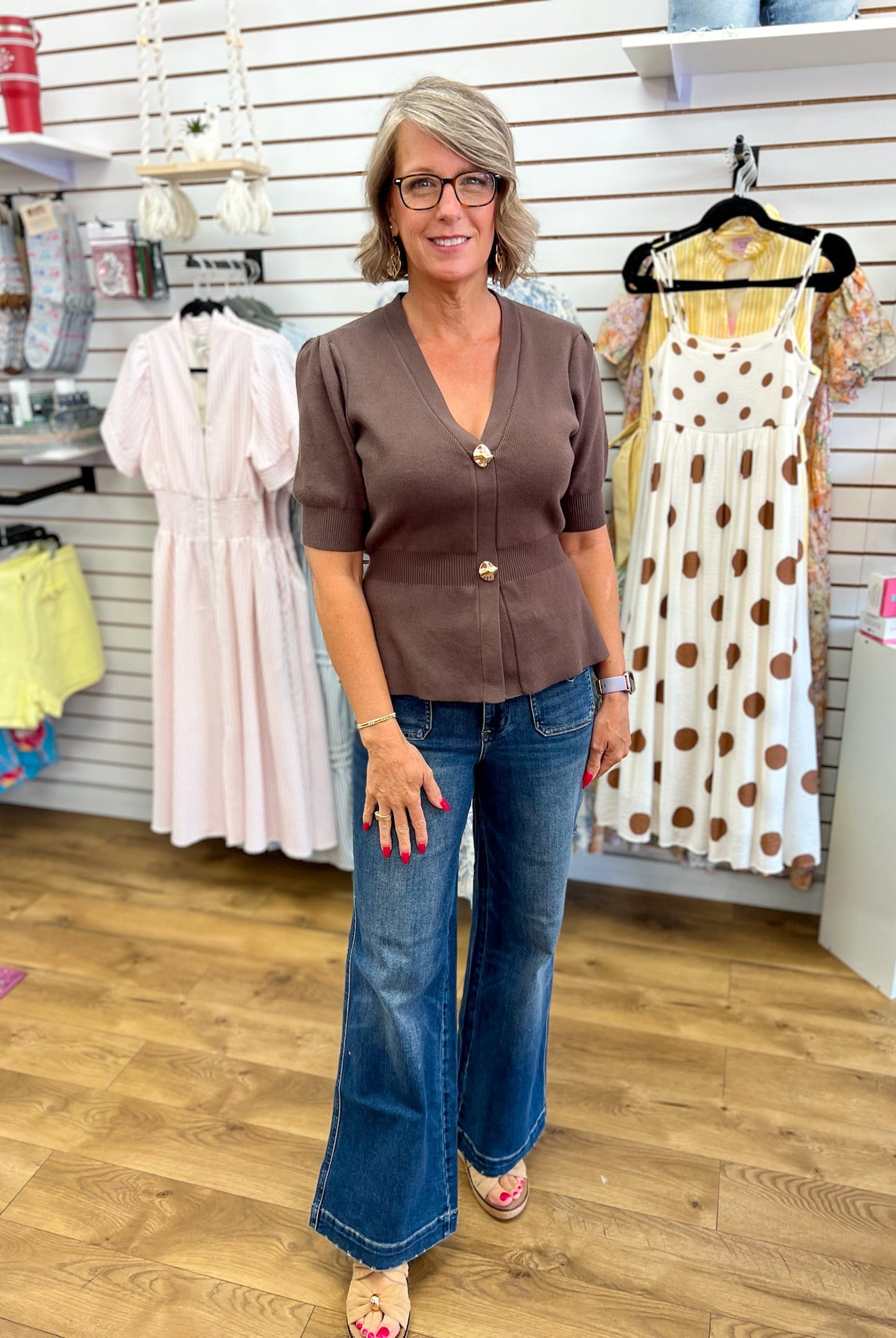 Chocolate Brown Ribbed Short Sleeve Cardigan with Gold Buttons - A'Bekah's Boutique