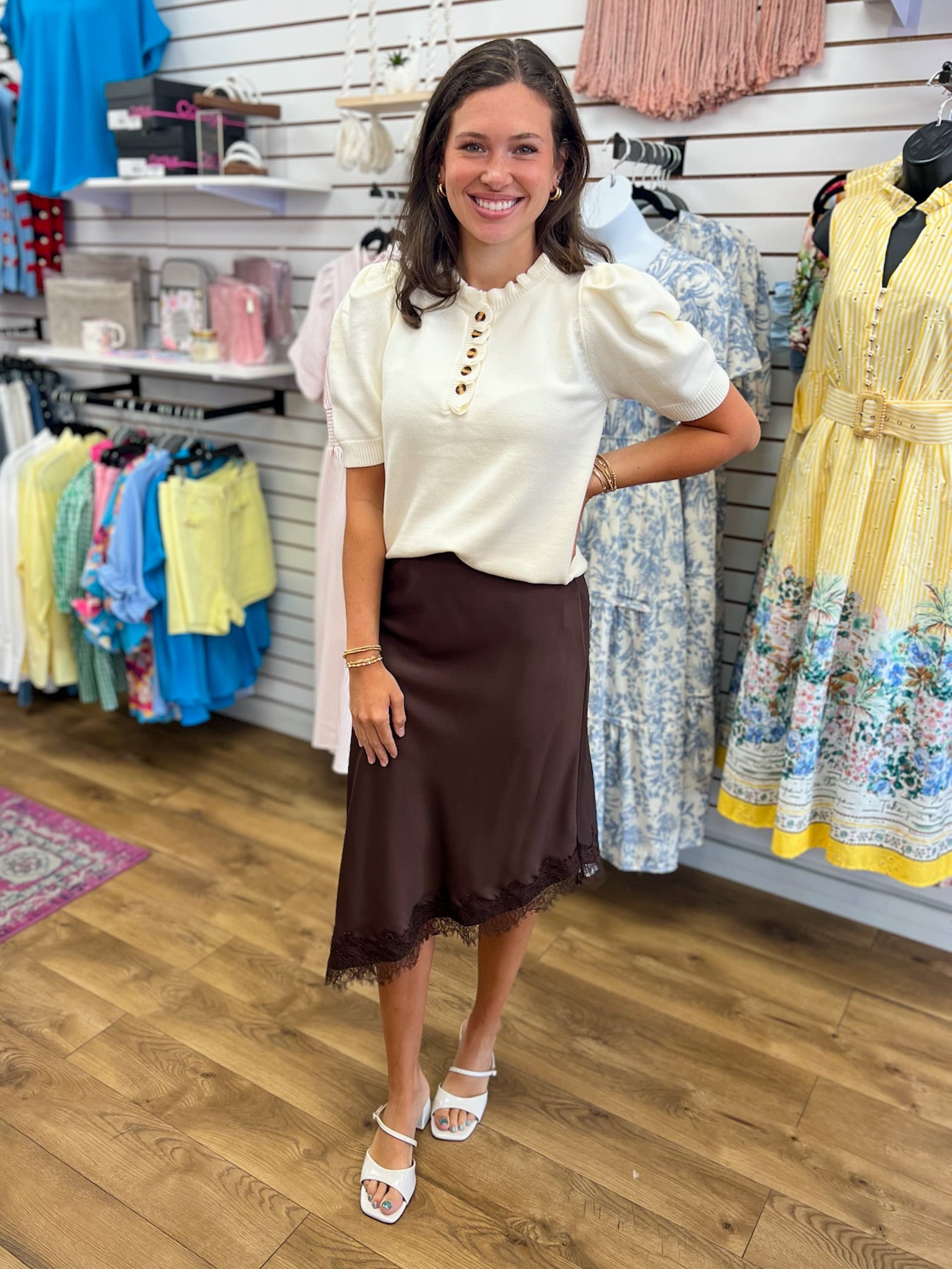 Chocolate Brown Satin Asymmetrical Lace Trim Midi Skirt - A'Bekah's Boutique