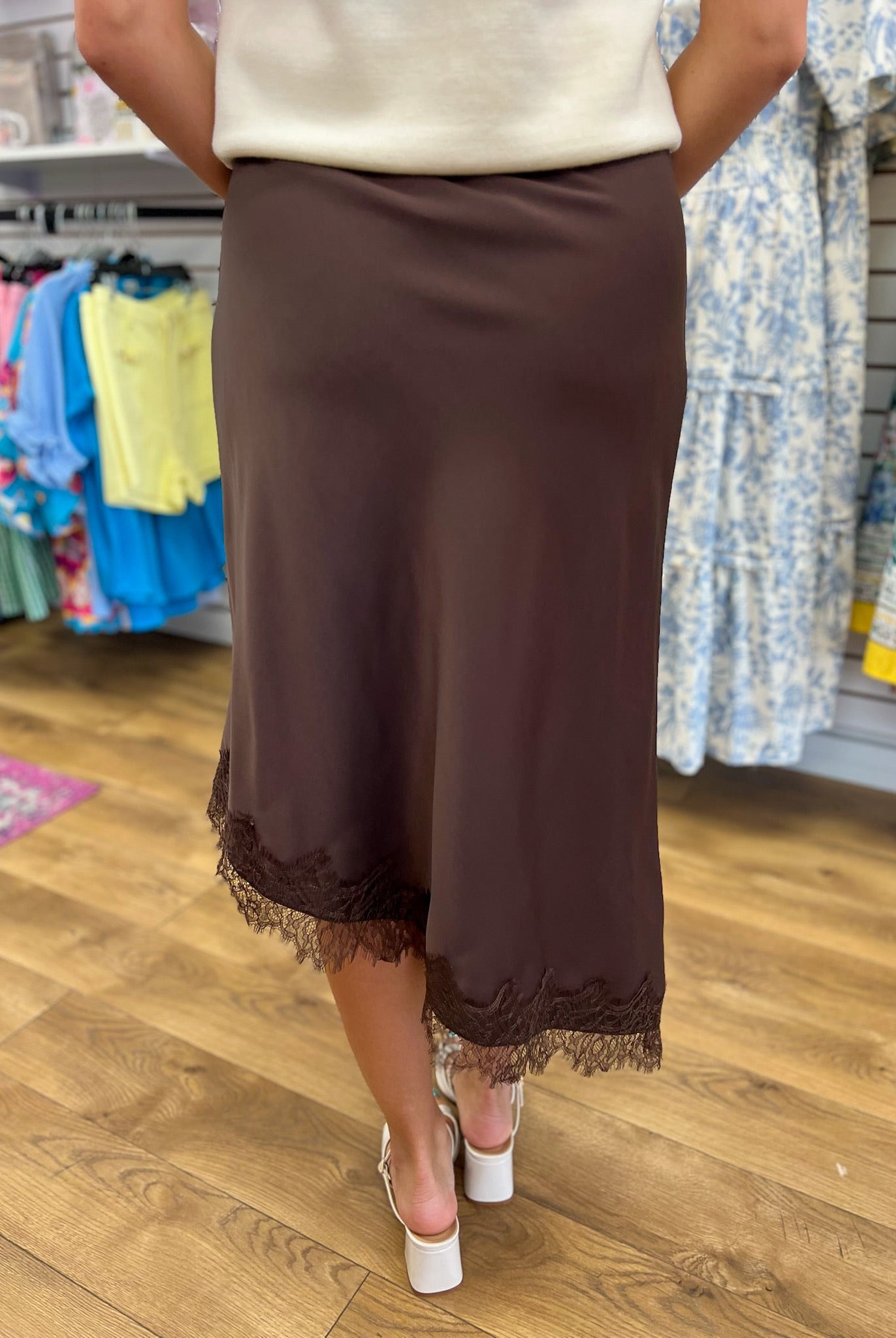 Chocolate Brown Satin Asymmetrical Lace Trim Midi Skirt - A'Bekah's Boutique