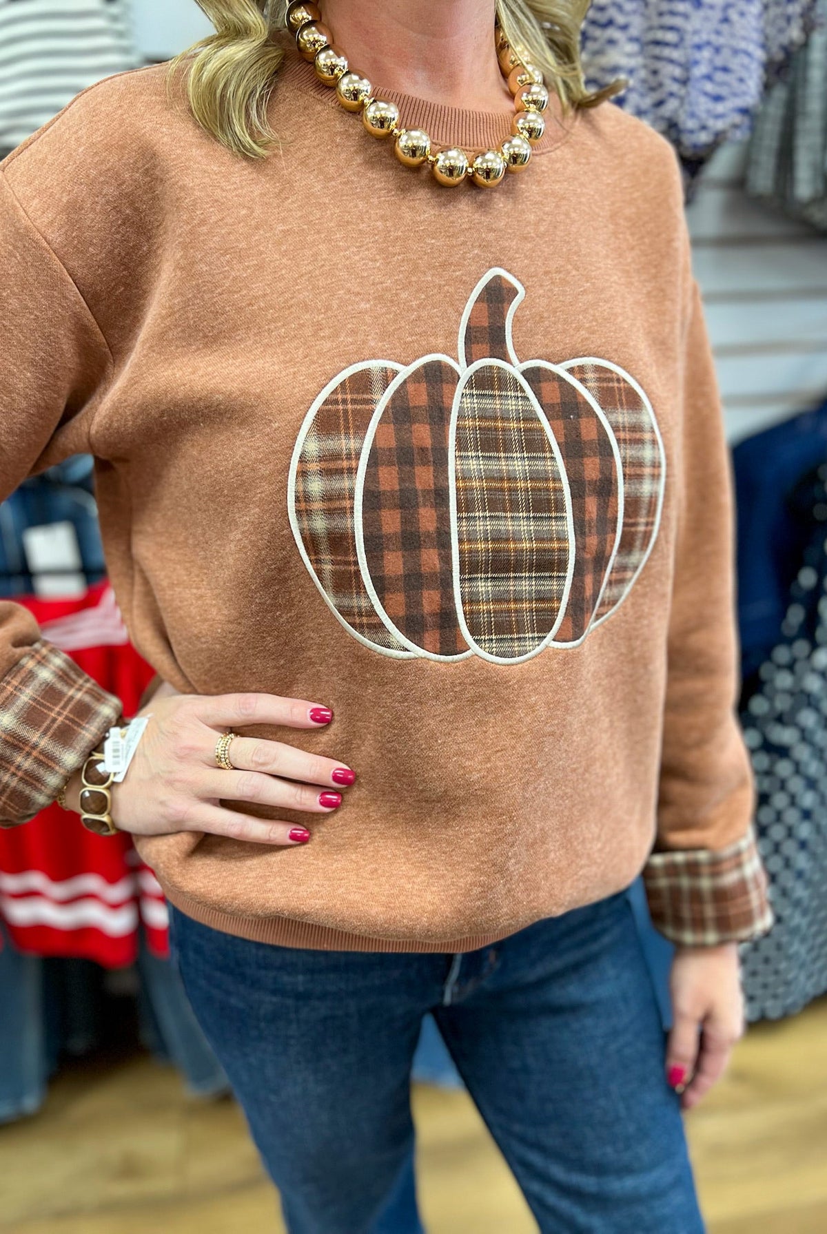 Cinnamon Sweatshirt with Plaid Patchwork Pumpkin and Matching Cuffs - A'Bekah's Boutique
