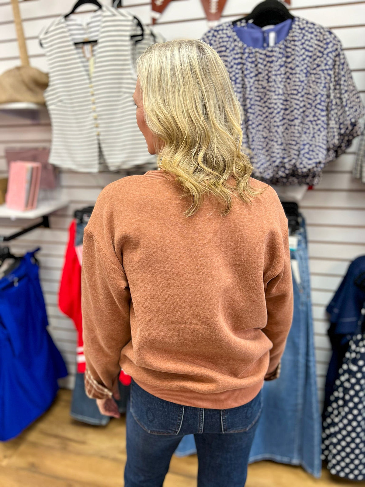 Cinnamon Sweatshirt with Plaid Patchwork Pumpkin and Matching Cuffs - A'Bekah's Boutique