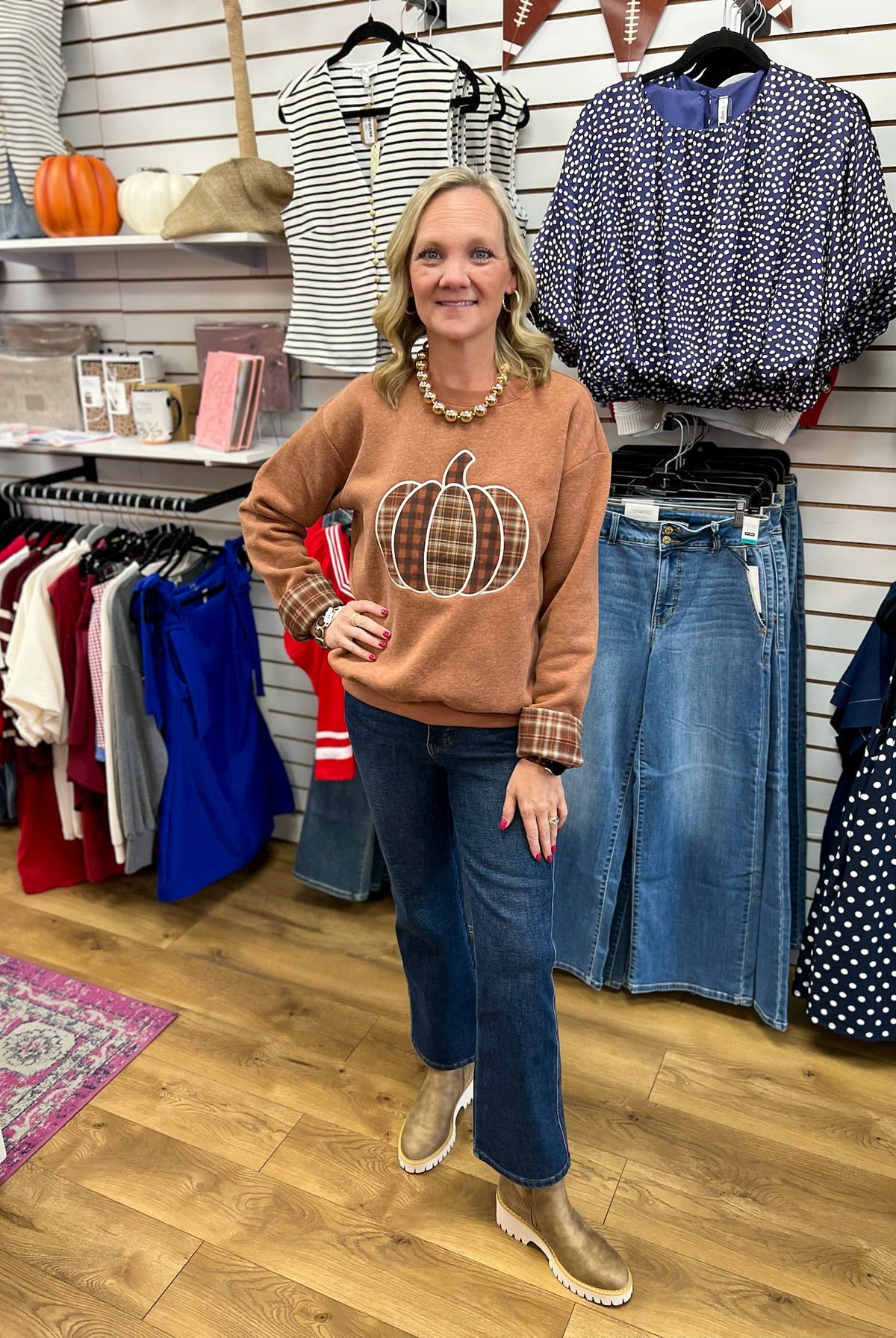 Cinnamon Sweatshirt with Plaid Patchwork Pumpkin and Matching Cuffs - A'Bekah's Boutique
