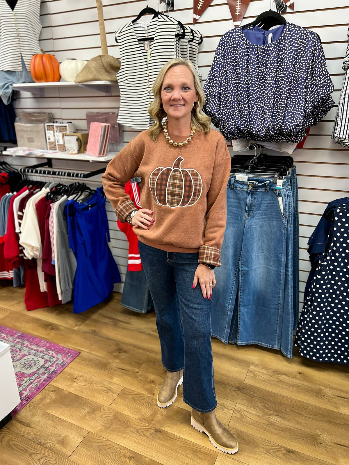 Cinnamon Sweatshirt with Plaid Patchwork Pumpkin and Matching Cuffs - A'Bekah's Boutique