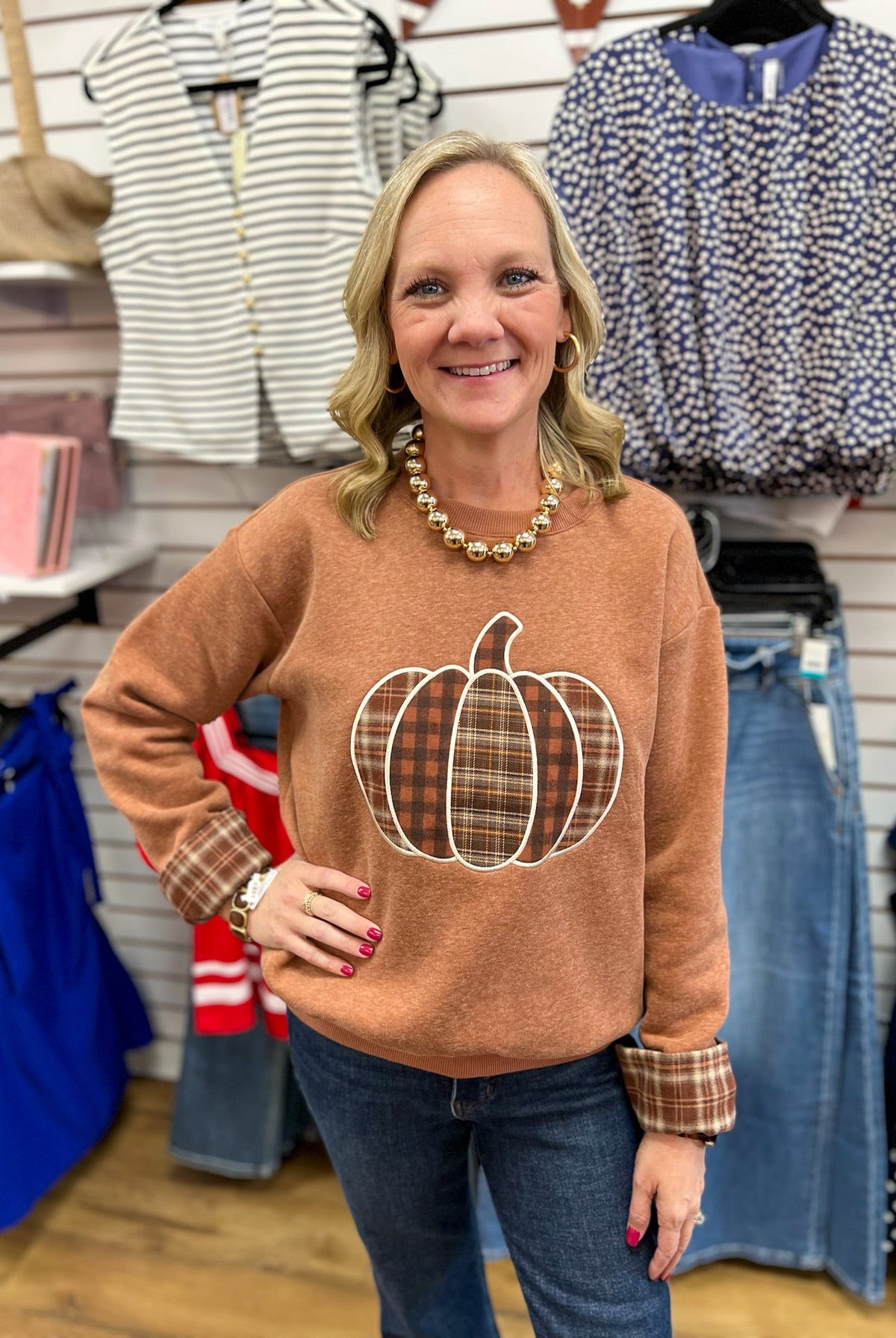 Cinnamon Sweatshirt with Plaid Patchwork Pumpkin and Matching Cuffs - A'Bekah's Boutique
