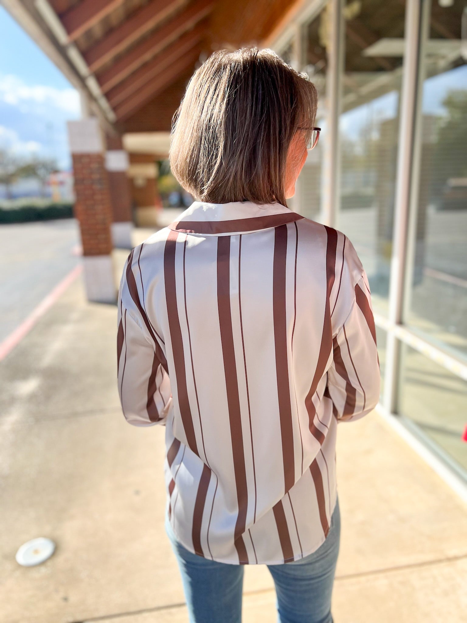 Classic Elegance Brown Striped Satin Button Up Top - A'Bekah's Boutique