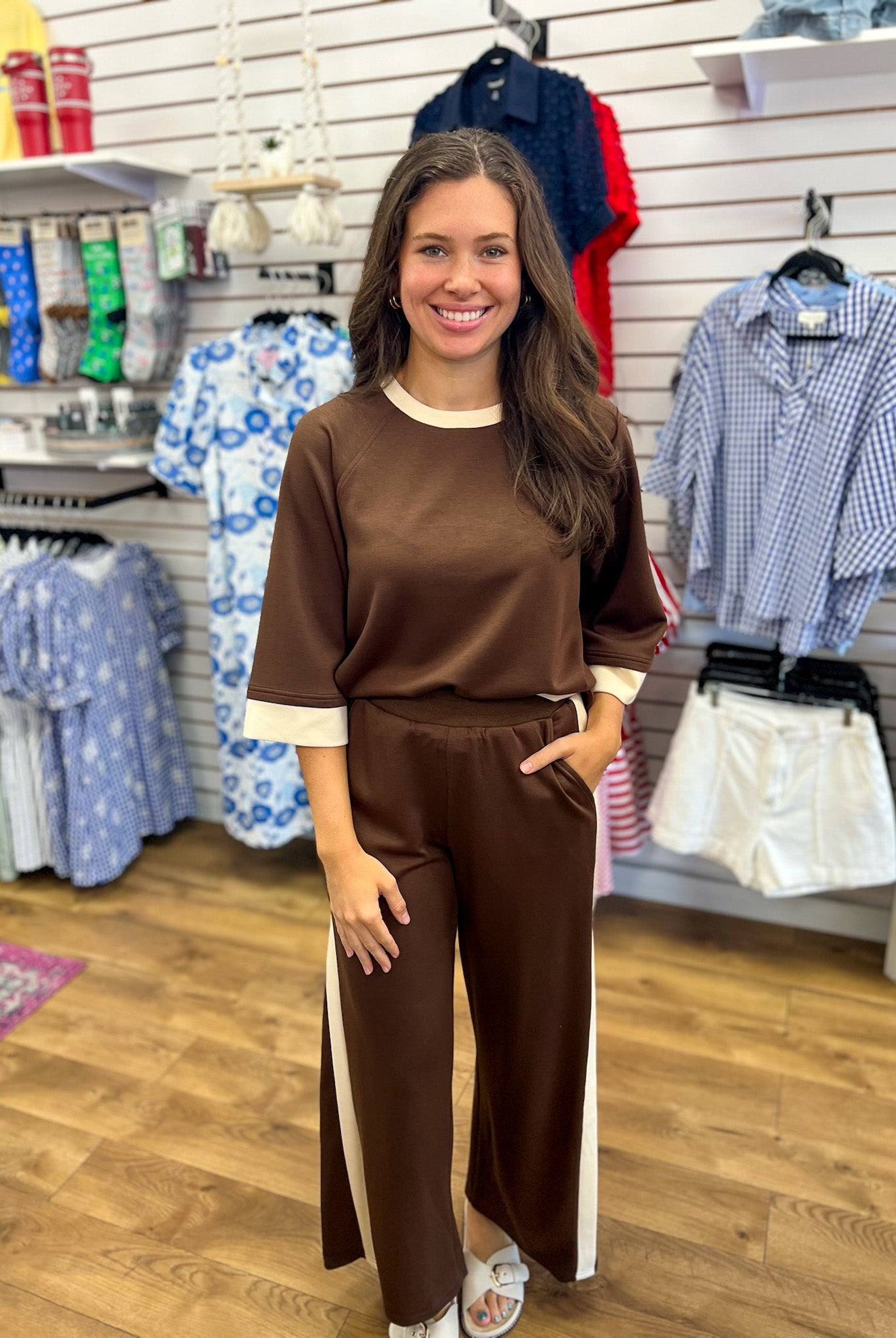 Coco Brown Luxeknit Colorblock Wide Leg Pants Set - A'Bekah's Boutique