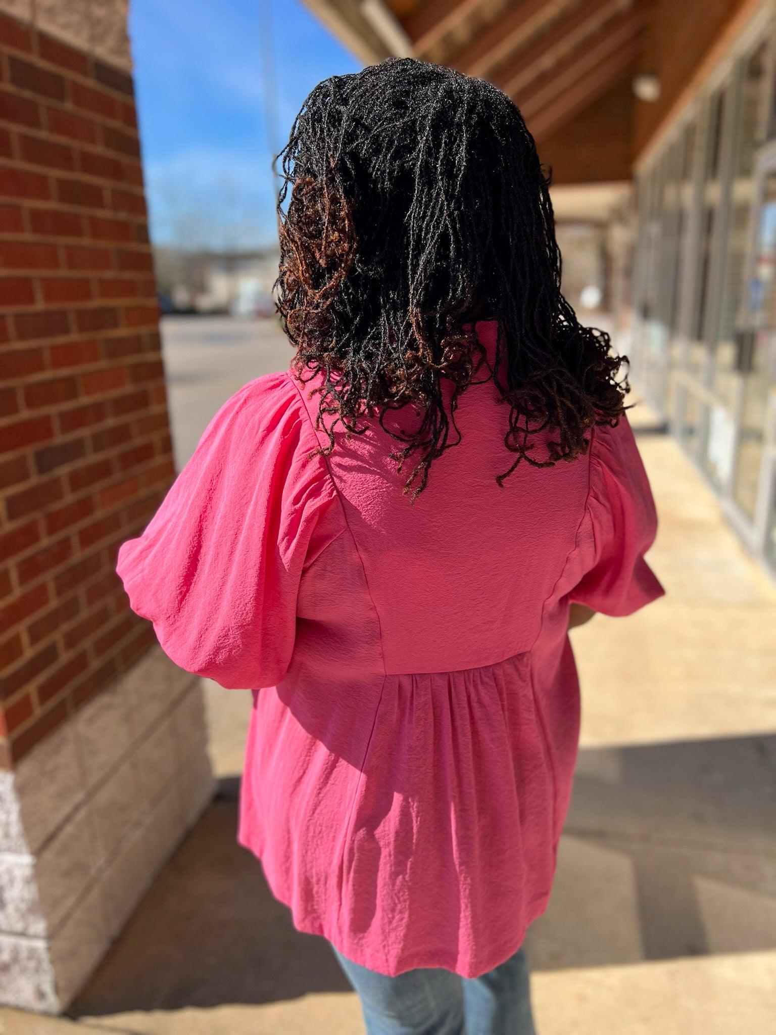 Coral Pink Smocked V - Neck Puff Sleeve Curvy Top (C) - A'Bekah's Boutique
