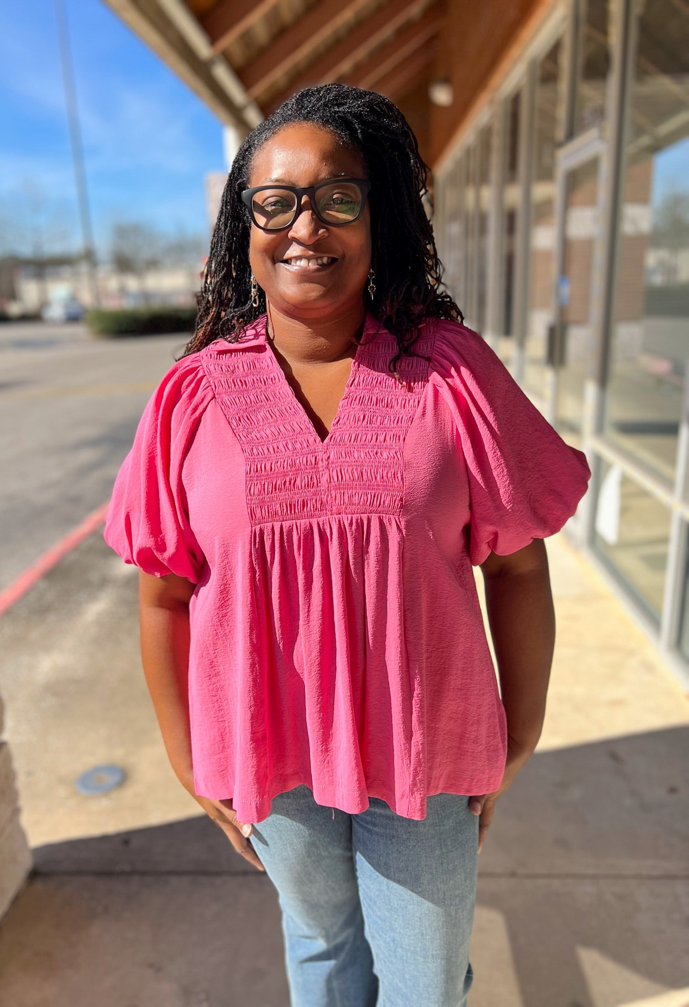 Coral Pink Smocked V - Neck Puff Sleeve Curvy Top (C) - A'Bekah's Boutique