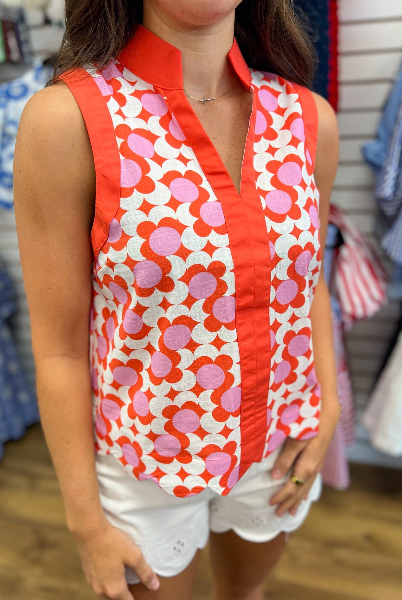 Coral Printed Sleeveless Top with Scalloped Hem - A'Bekah's Boutique