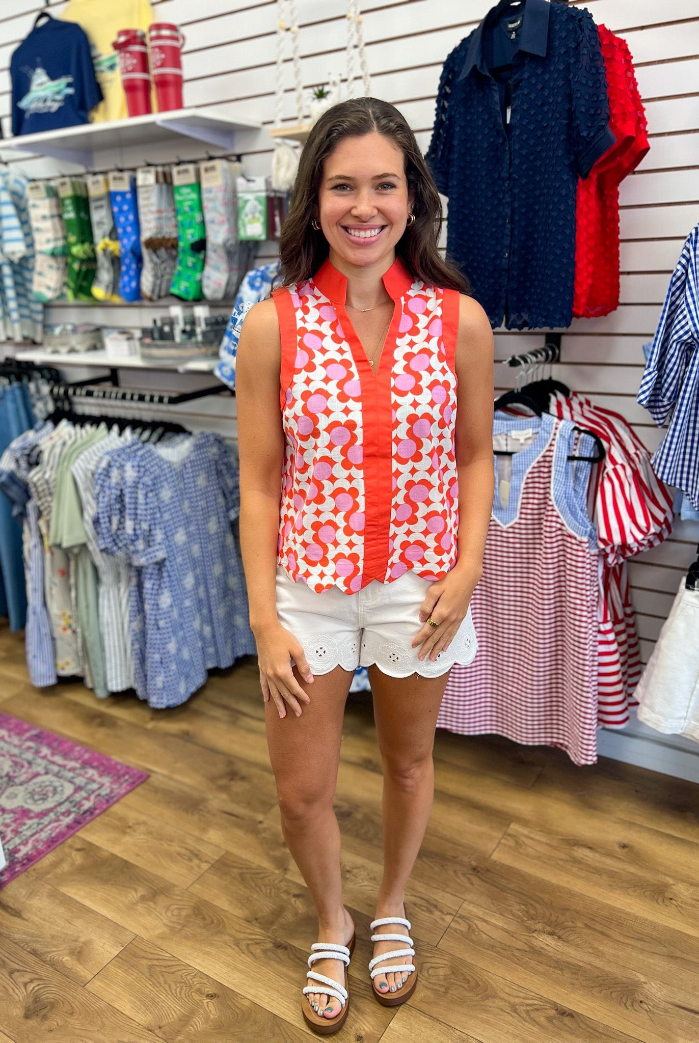 Coral Printed Sleeveless Top with Scalloped Hem - A'Bekah's Boutique