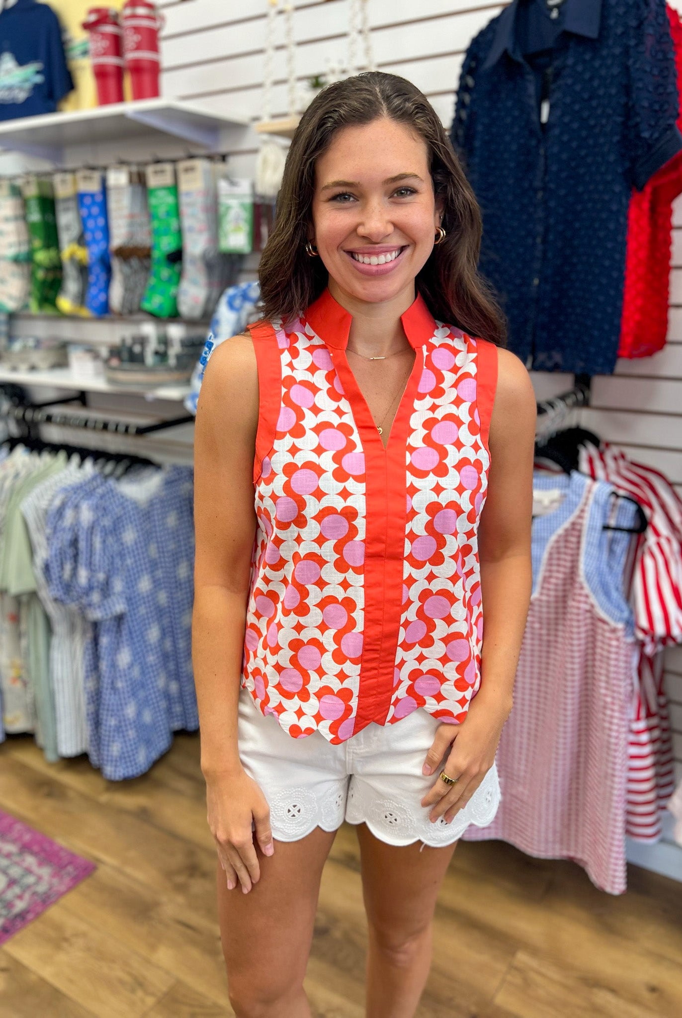 Coral Printed Sleeveless Top with Scalloped Hem - A'Bekah's Boutique