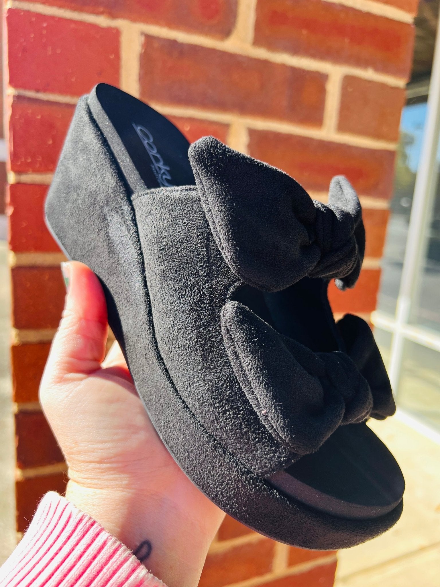 Corkys Bowed Up Black Faux Suede Wedge - A'Bekah's Boutique