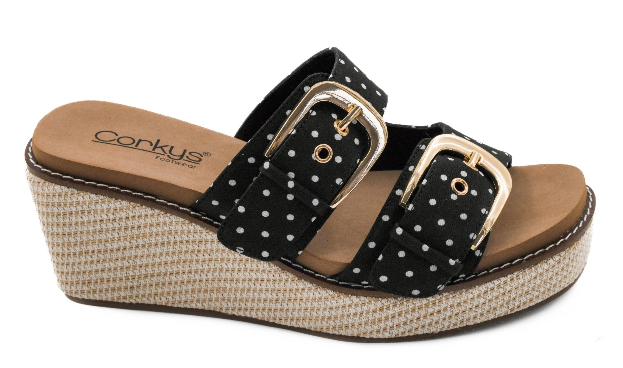 Corkys Manifest Black White Polka Dots Double Strap Wedges - A'Bekah's Boutique