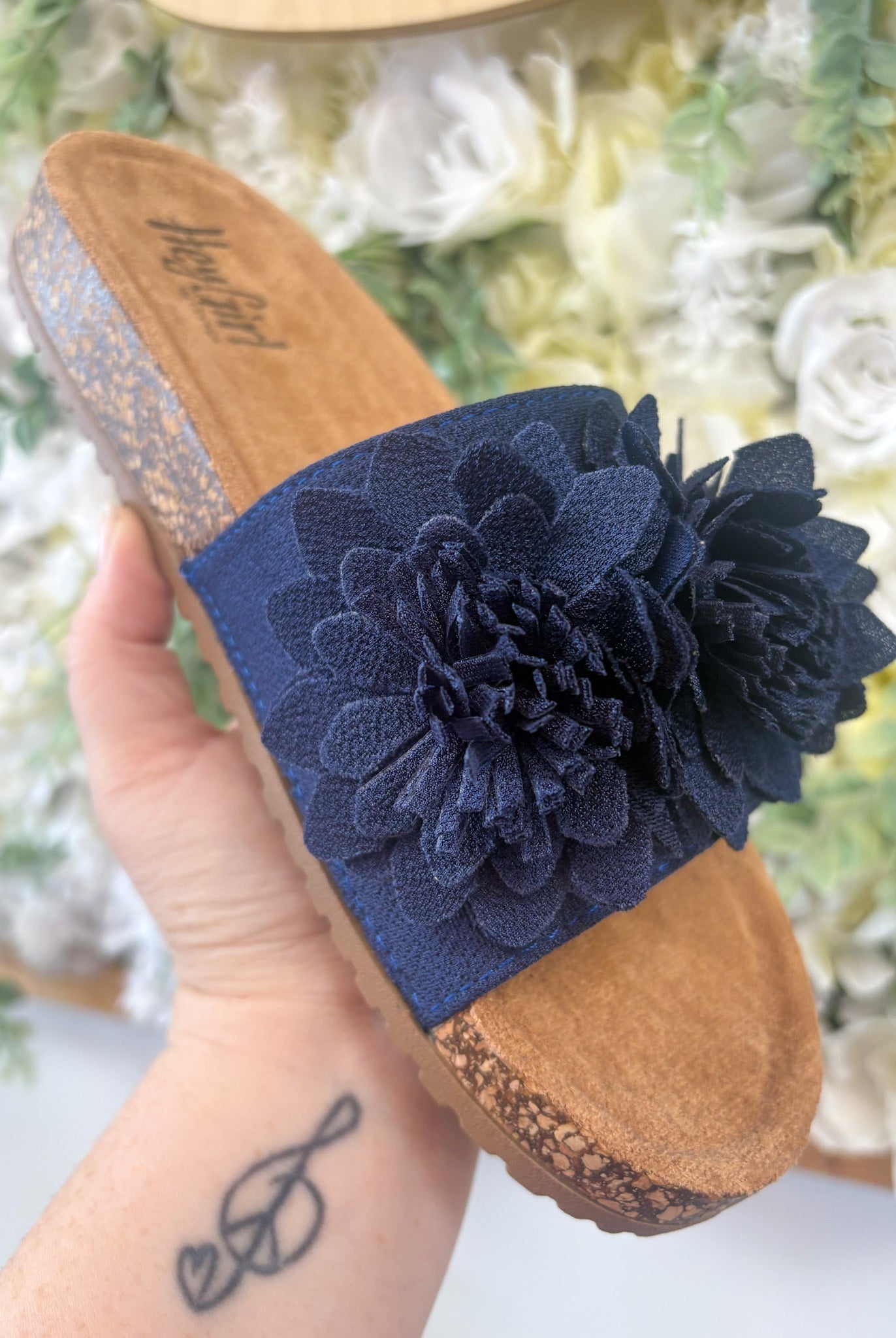 Corkys Navy Wild Child Slip On Sandals with 3D Flowers - A'Bekah's Boutique