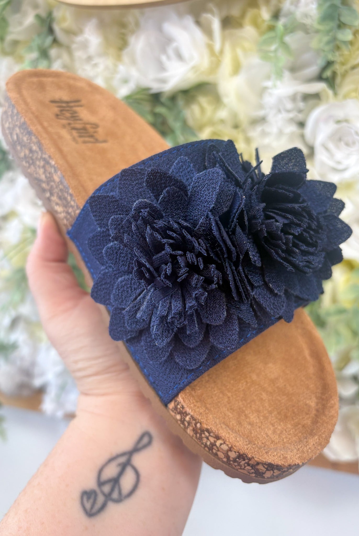 Corkys Navy Wild Child Slip On Sandals with 3D Flowers - A'Bekah's Boutique