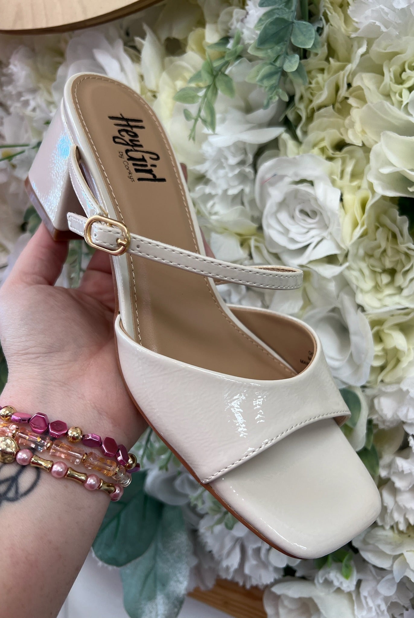 Corkys Ooh La La Ivory Patent 2.5" Chunky Heel Slip On Shoes - A'Bekah's Boutique