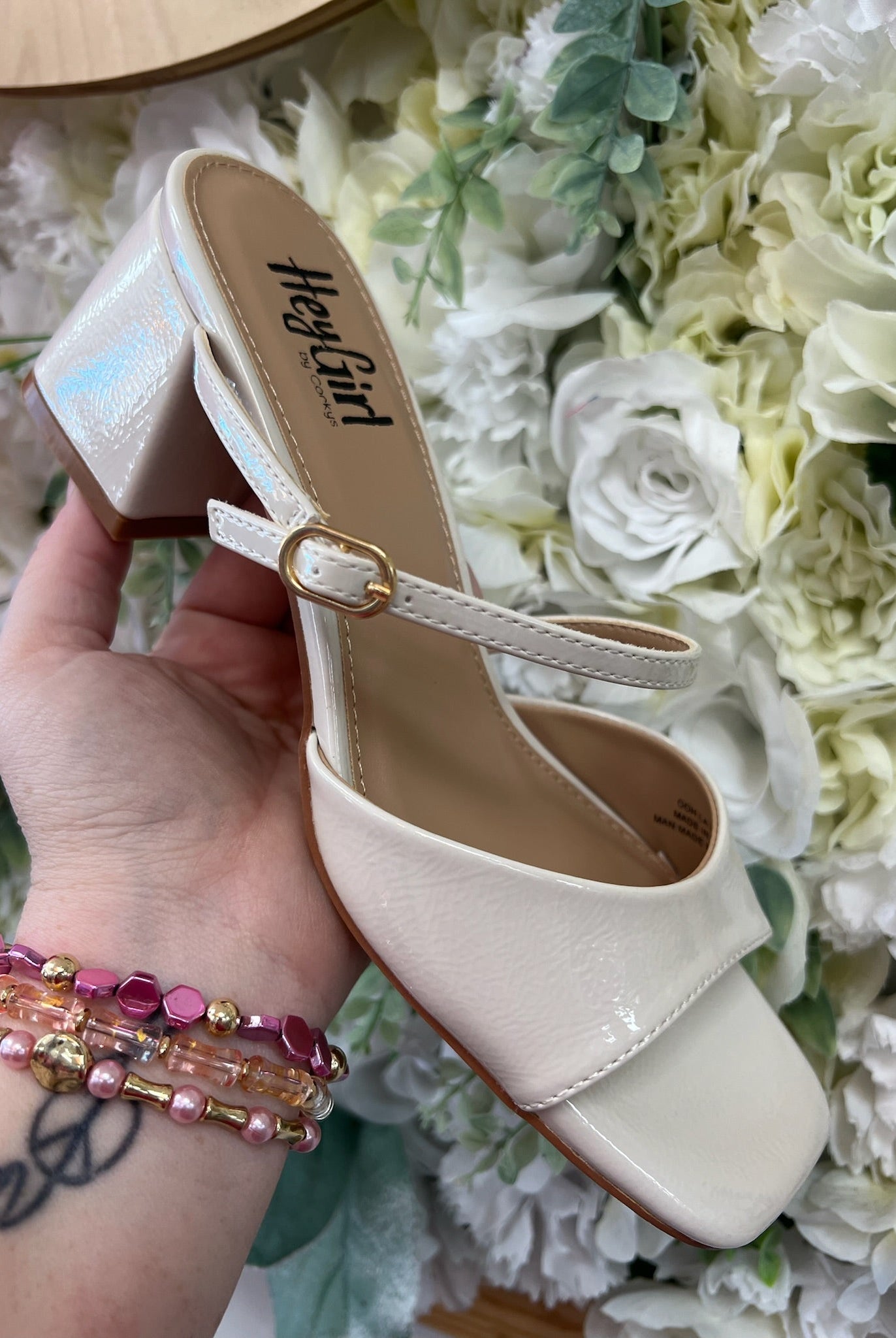 Corkys Ooh La La Ivory Patent 2.5" Chunky Heel Slip On Shoes - A'Bekah's Boutique