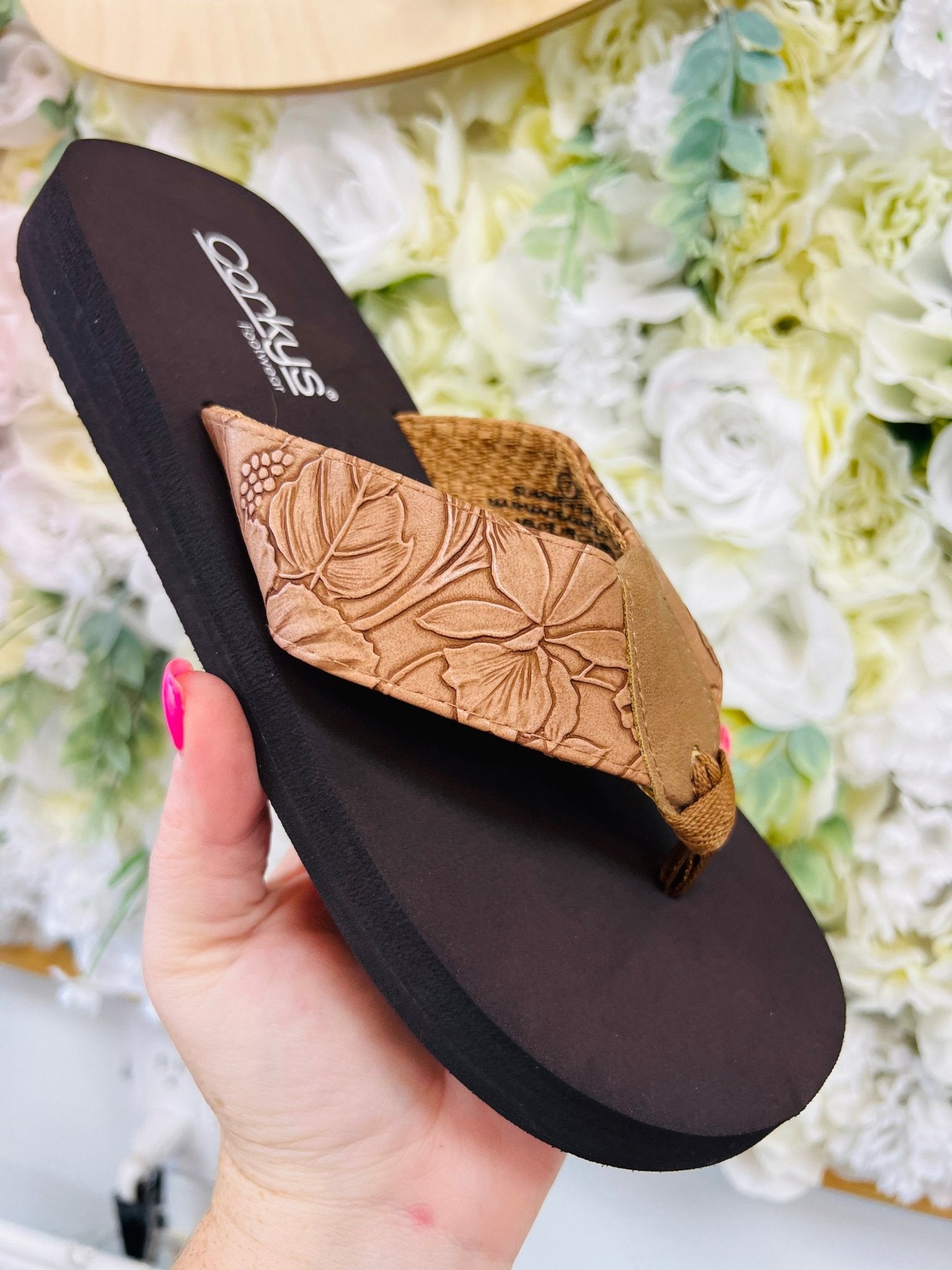 Corkys Summer Break Tan Flower Embossed Flip Flops - A'Bekah's Boutique