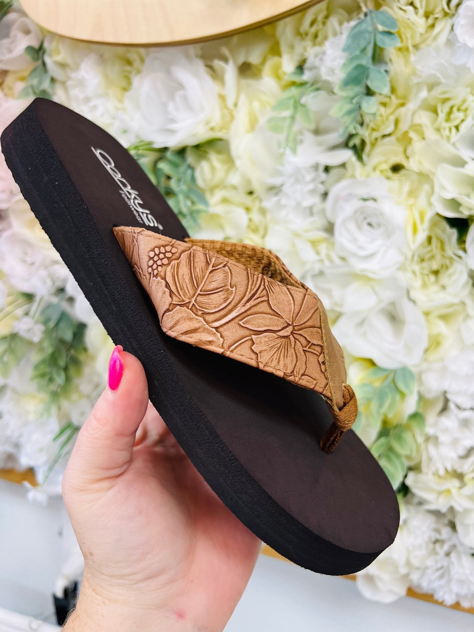 Corkys Summer Break Tan Flower Embossed Flip Flops - A'Bekah's Boutique