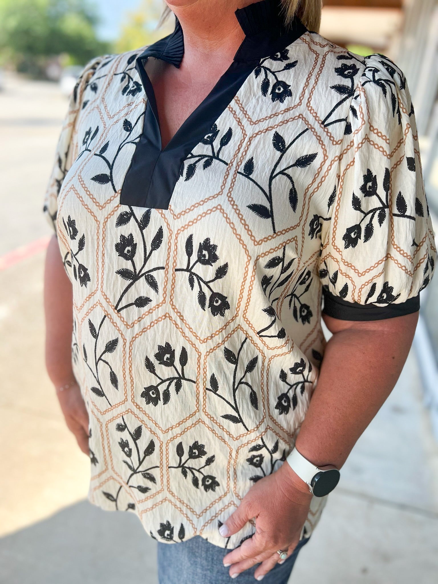 Cream and Black Floral Short Puff Sleeve V - Neck Top (C) - A'Bekah's Boutique