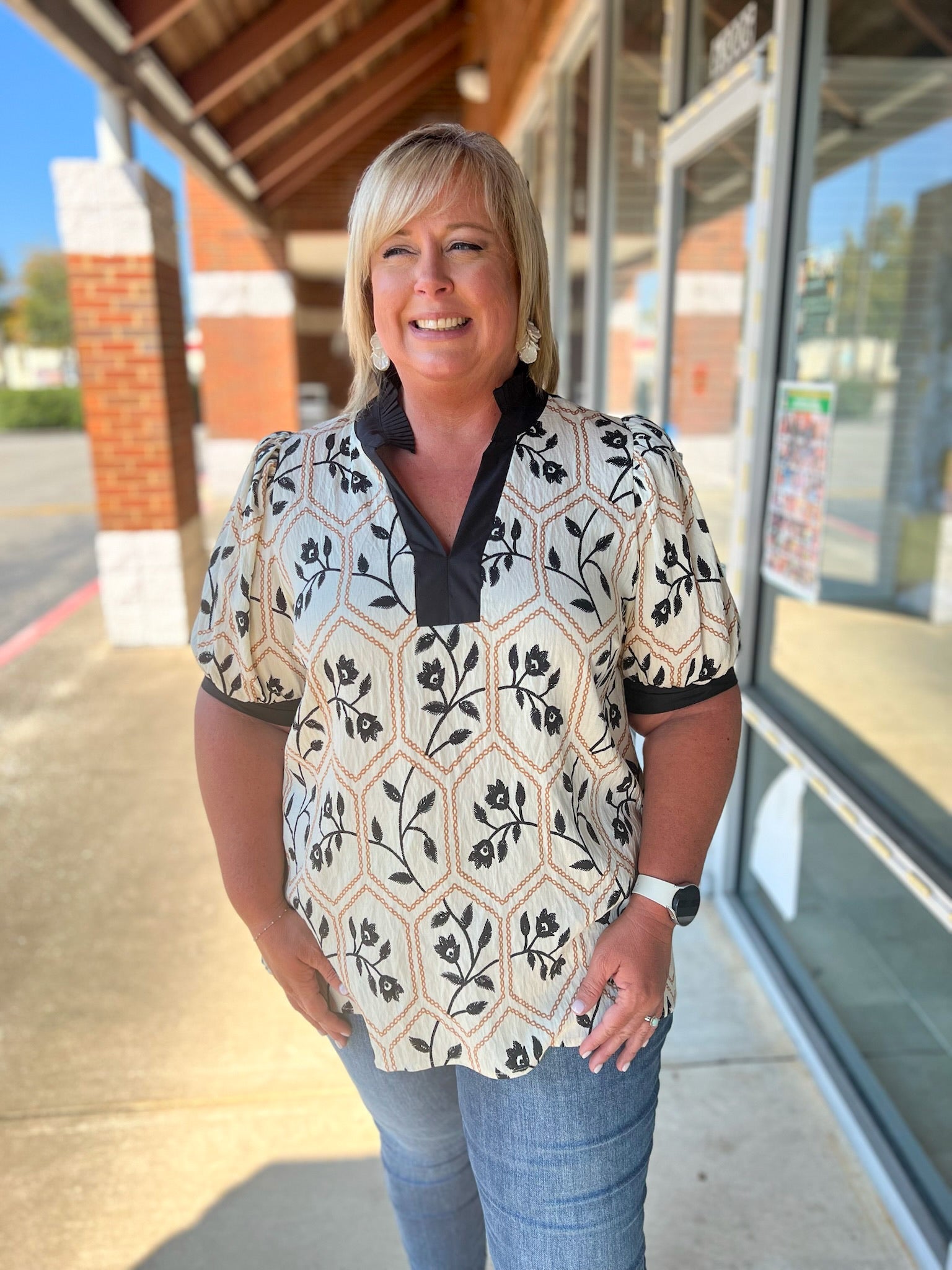 Cream and Black Floral Short Puff Sleeve V - Neck Top (C) - A'Bekah's Boutique