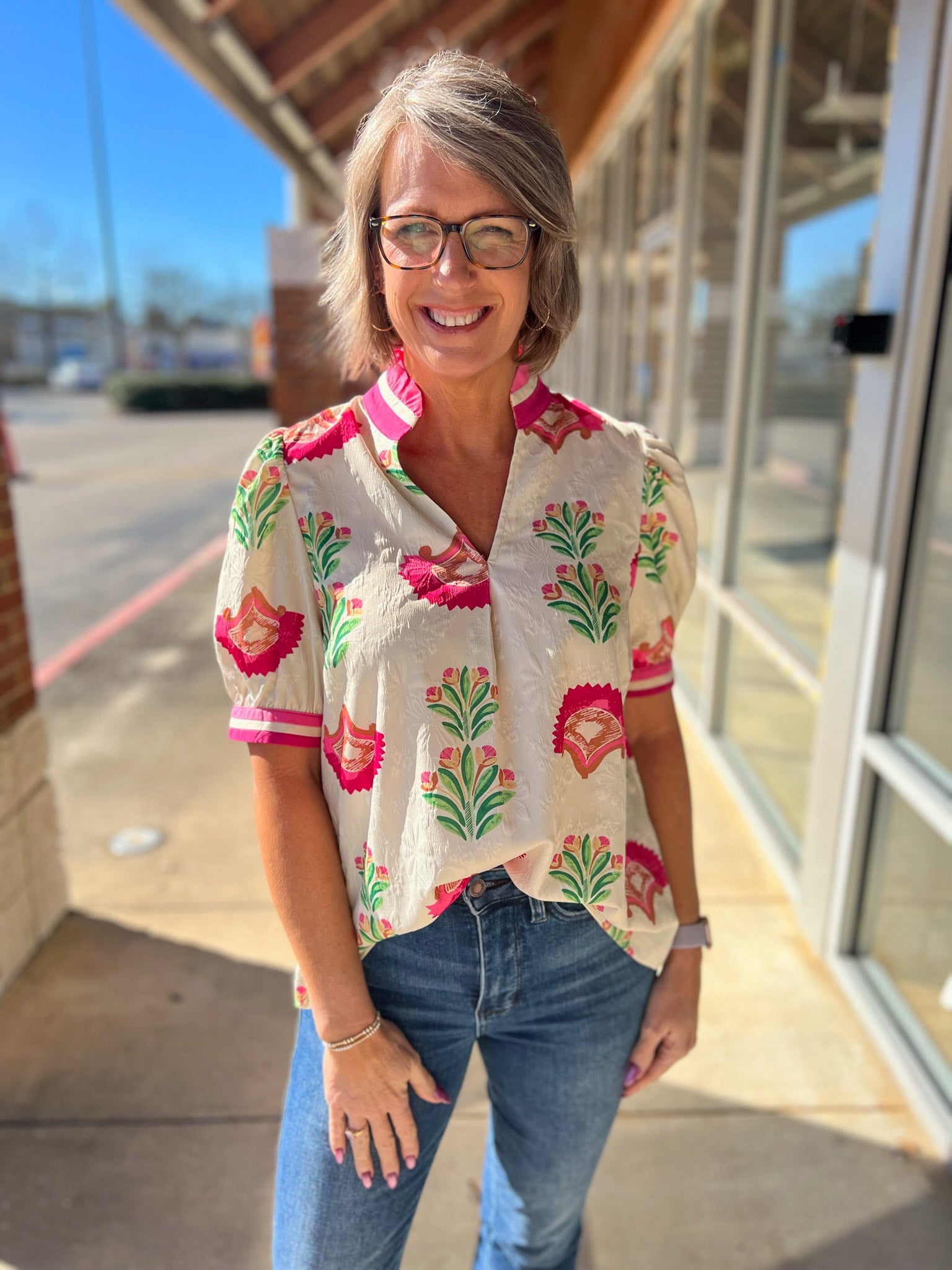 Cream and Fuchsia Abstract Jacquard Print Top with Short Puff Sleeves - A'Bekah's Boutique