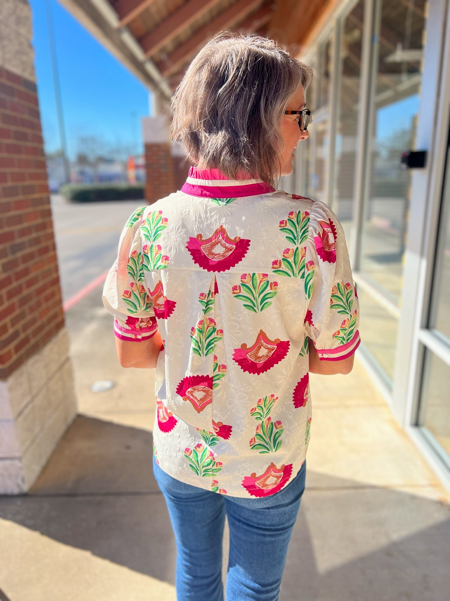 Cream and Fuchsia Abstract Jacquard Print Top with Short Puff Sleeves - A'Bekah's Boutique