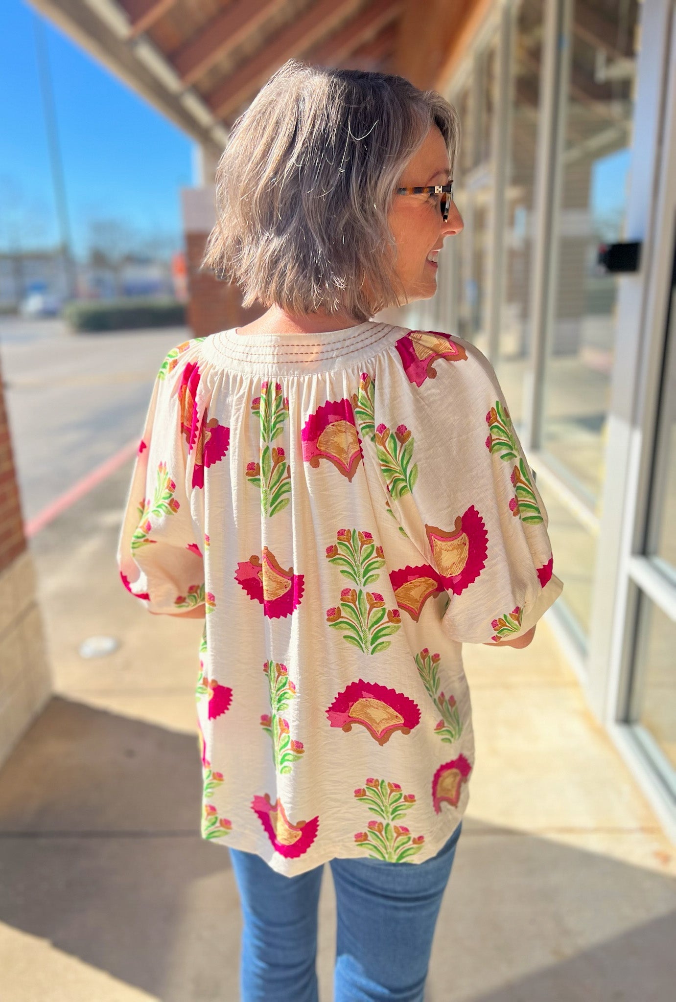Cream and Fuchsia Abstract Print V - Neck Top - A'Bekah's Boutique