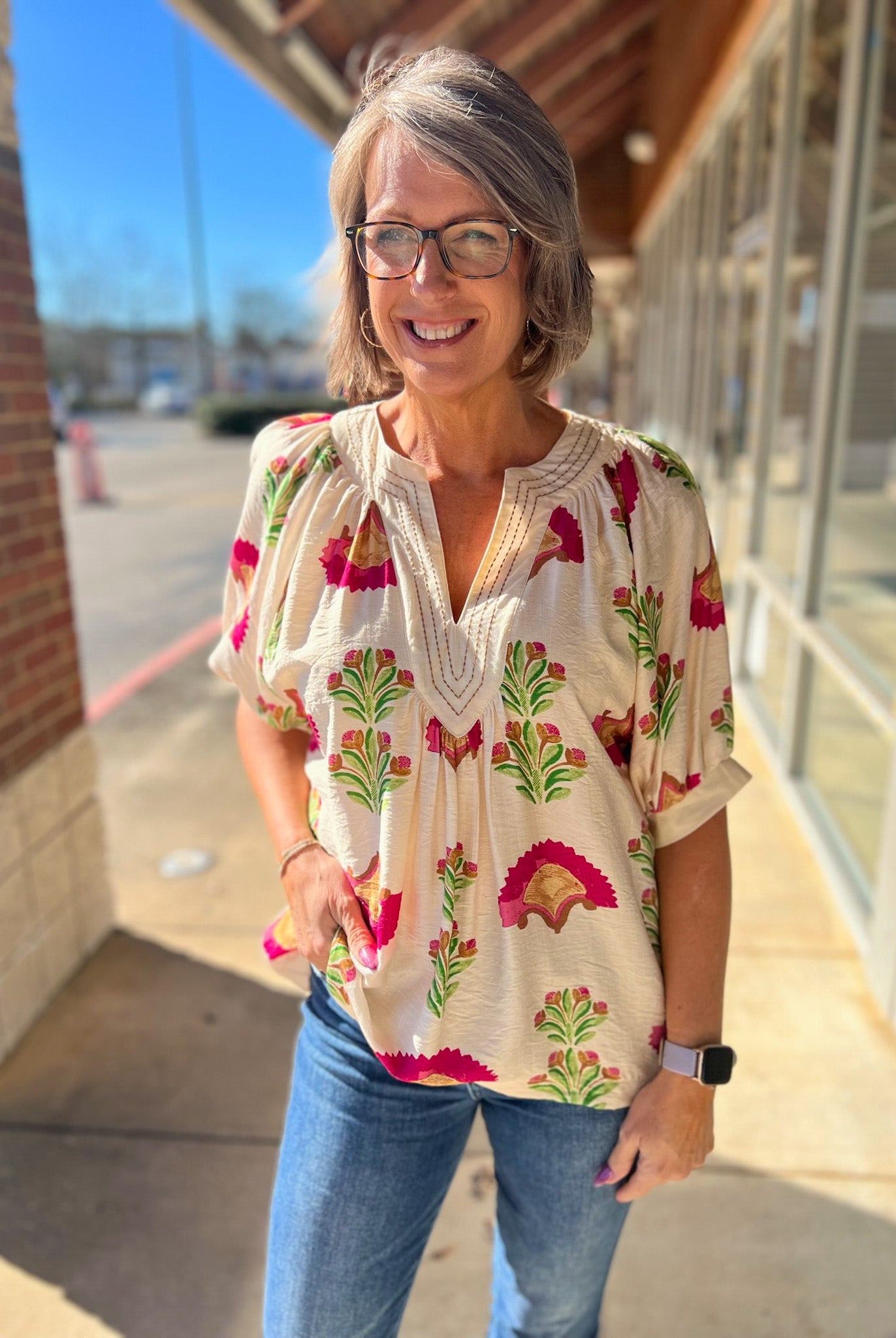 Cream and Fuchsia Abstract Print V - Neck Top - A'Bekah's Boutique