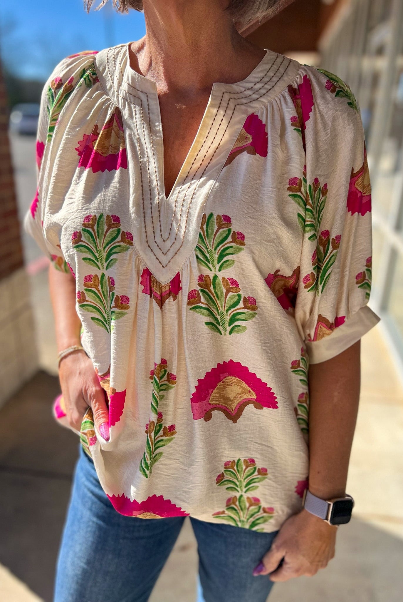 Cream and Fuchsia Abstract Print V - Neck Top - A'Bekah's Boutique