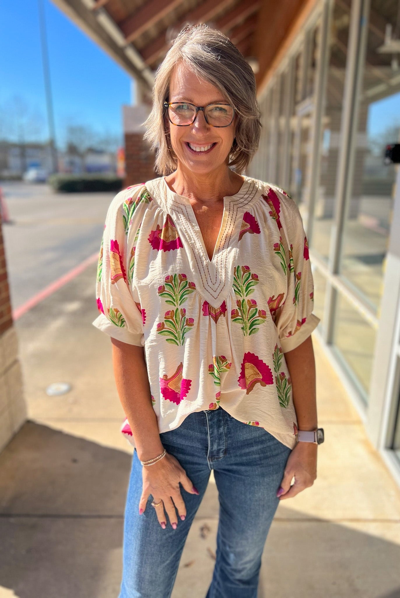 Cream and Fuchsia Abstract Print V - Neck Top - A'Bekah's Boutique