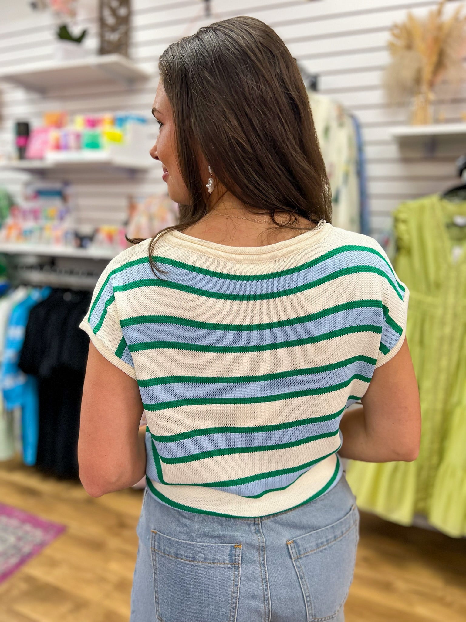 Cream and Green Striped Knit Top with Cap Sleeves - A'Bekah's Boutique