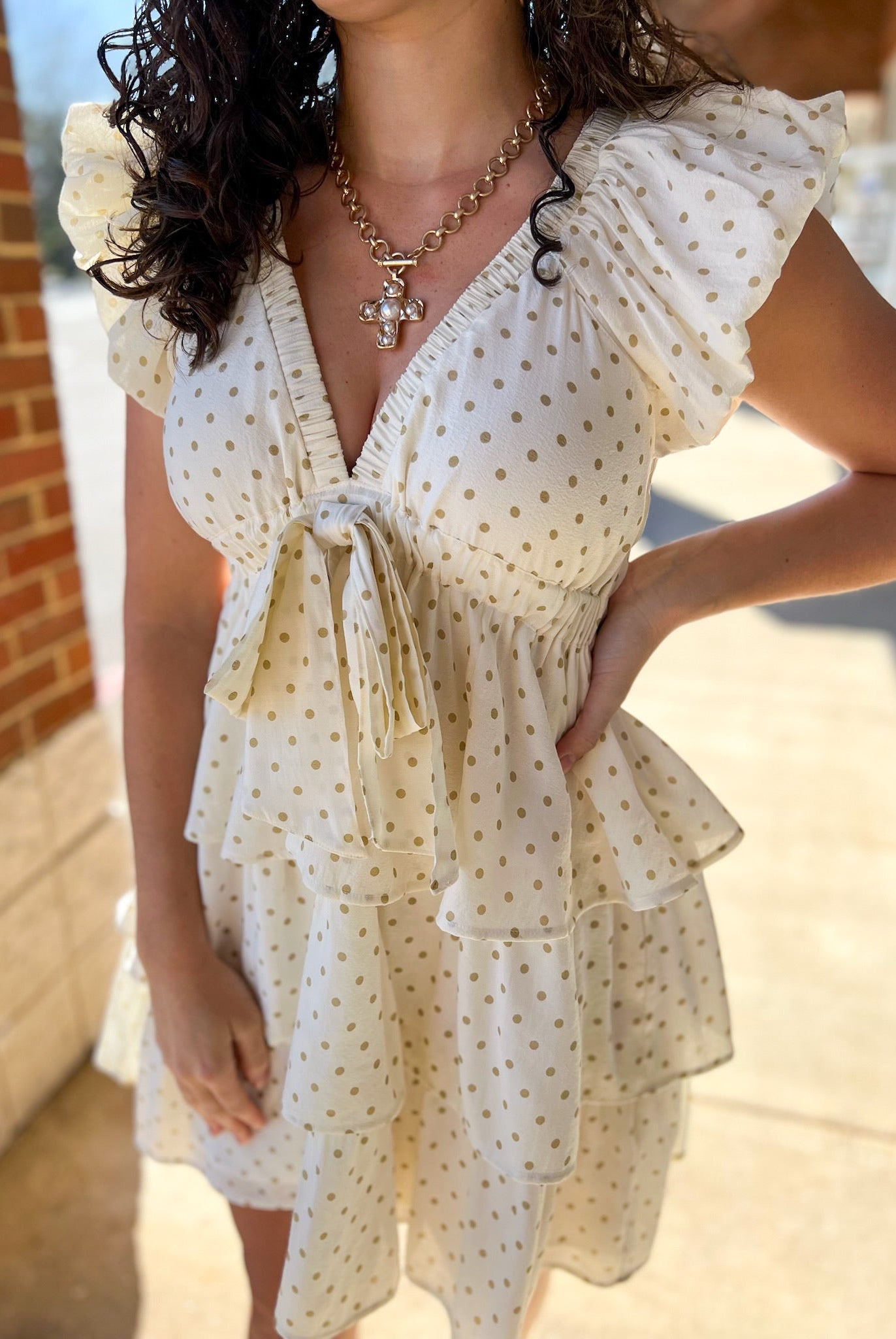 Cream and Taupe Polka Dot Ruffle Tiered Dress - A'Bekah's Boutique