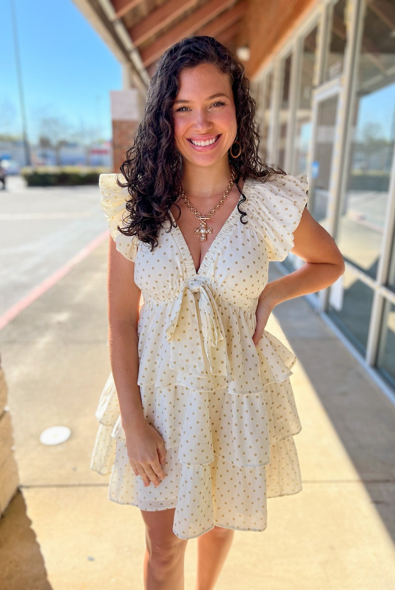 Cream and Taupe Polka Dot Ruffle Tiered Dress - A'Bekah's Boutique