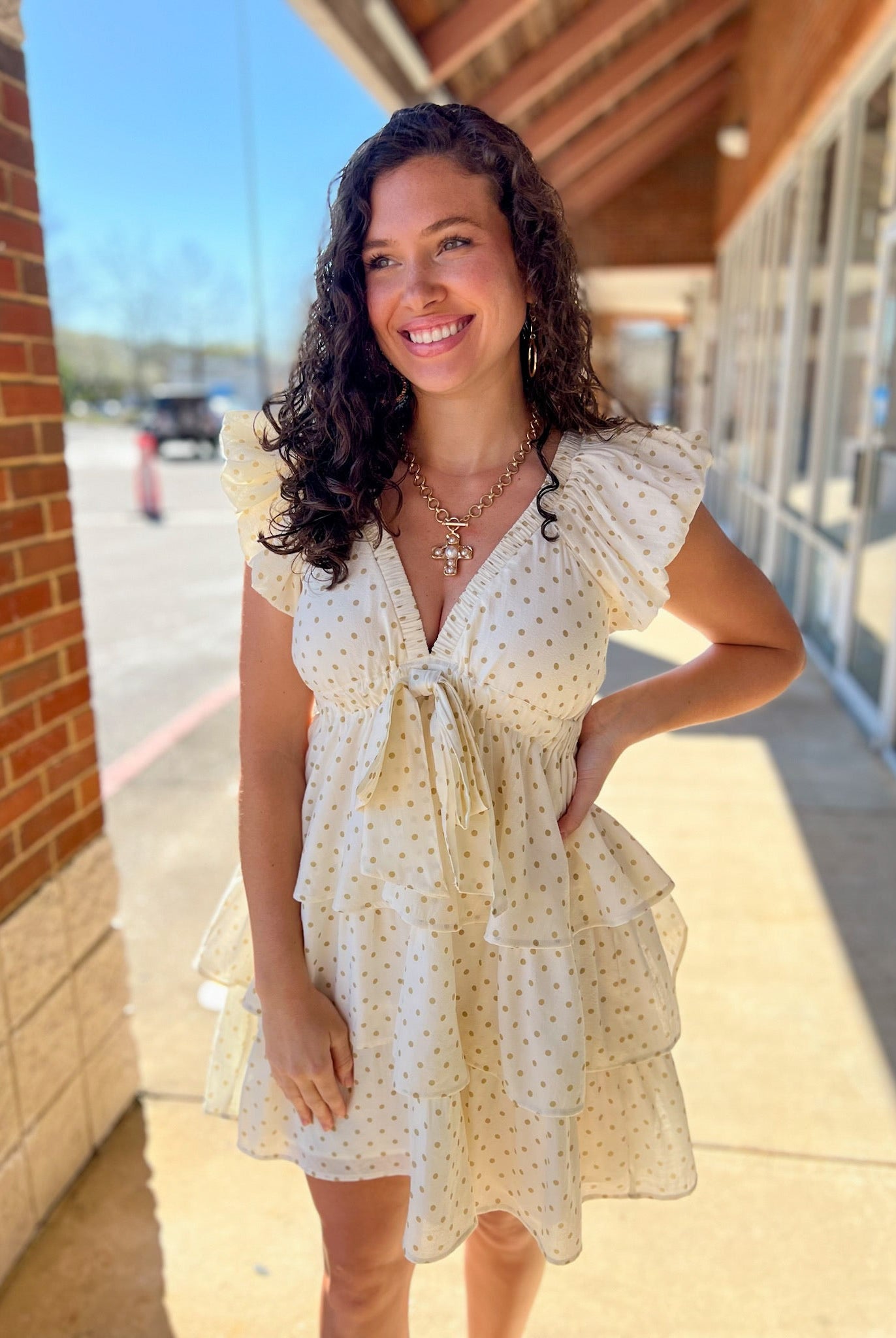 Cream and Taupe Polka Dot Ruffle Tiered Dress - A'Bekah's Boutique