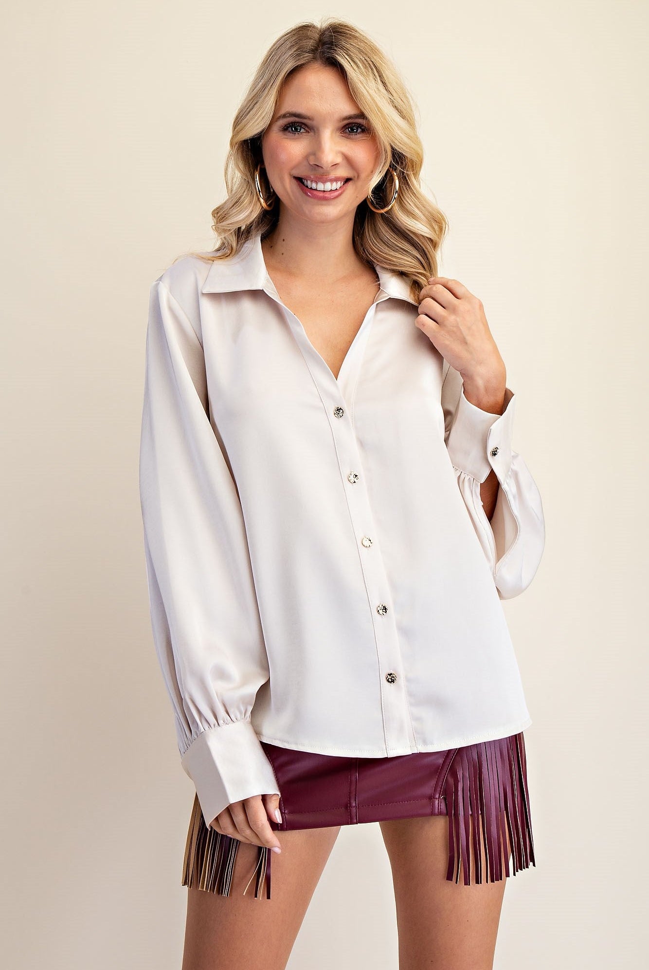 Cream Button Up Long Sleeve Top - A'Bekah's Boutique